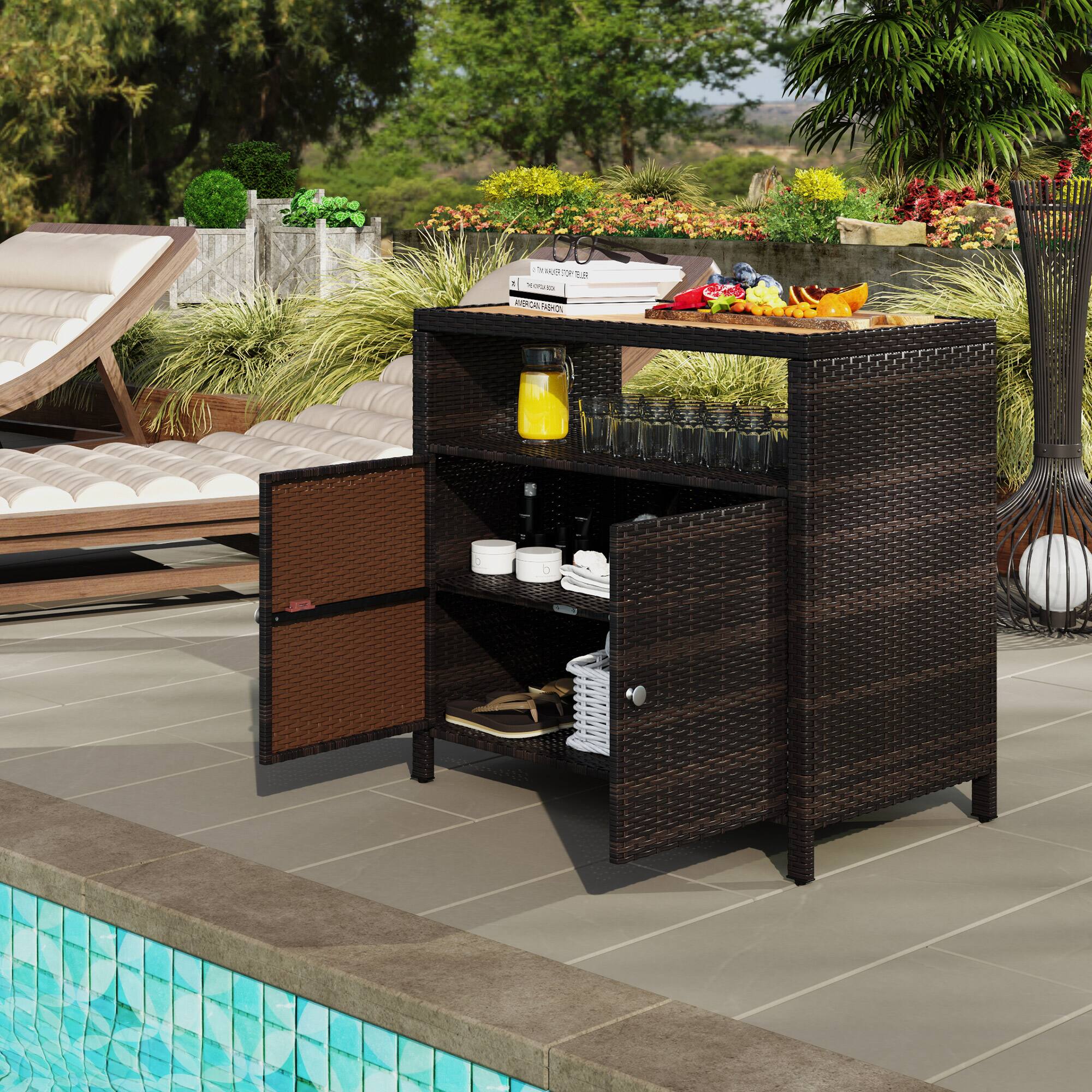 Alt View 7. Outsunny - Wicker Outdoor Storage Cabinet, Rattan Outdoor Bar Table with Acacia Wood Countertop, 2 Doors and Shelf - Brown.