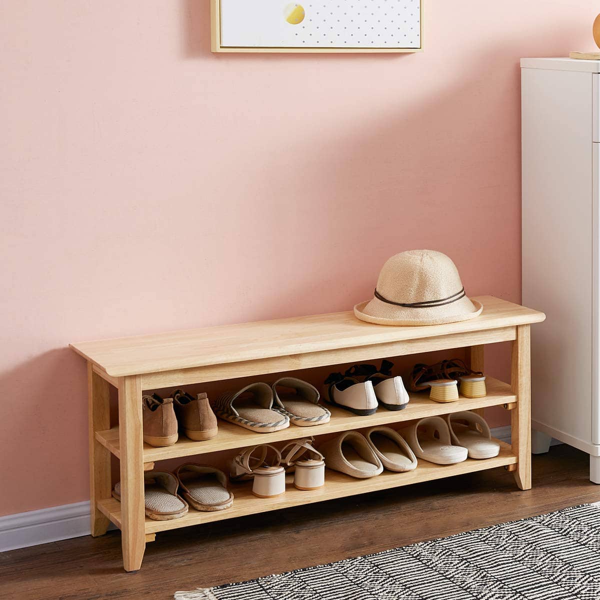Fabibe - Rustic Wood Bench Brown Storage Wooden Shoe Rack Solid Entryway - Natural 39.4"W x 11.8"D x 16.5"H