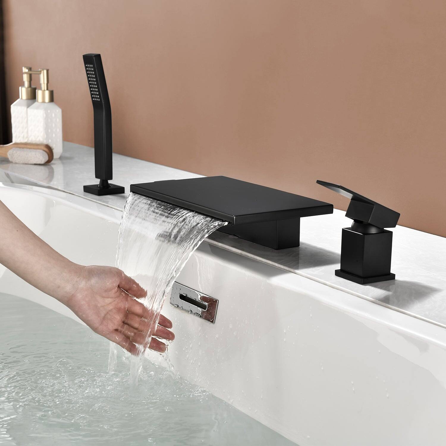 Alt View 3. Boyel Living - 10.24 in.W Black Bathtub Hot and Cold Water Faucet with Waterfall Spout and Handheld Shower - Matte Black.