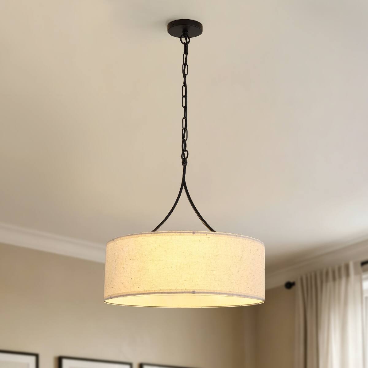 Angle. Loheer - Loheer Three Light Fabric Drum Pendant Light Matte Black Adjustable Dining Room Chandelier.