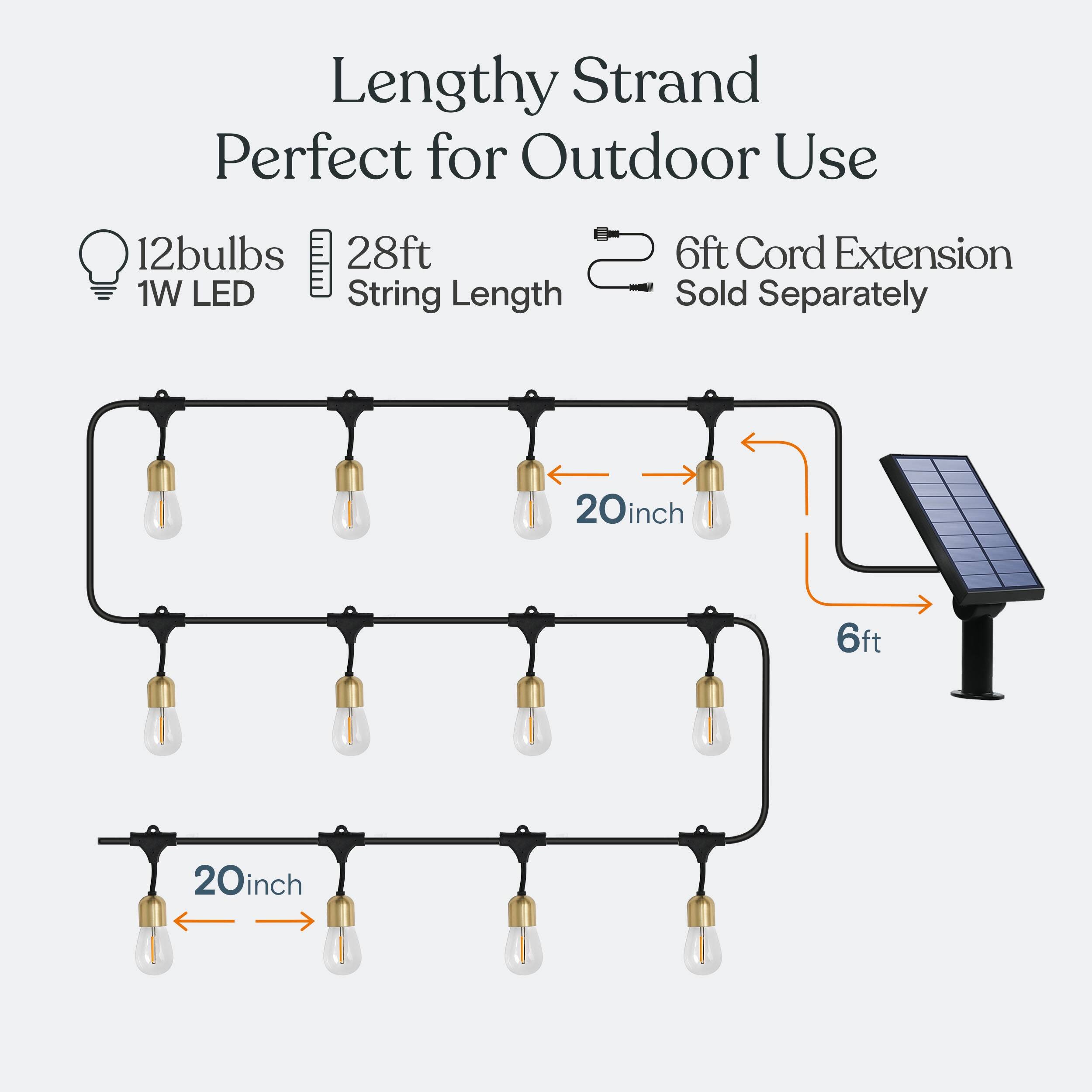 Lengthy Strand Perfect for Outdoor Use  
12 bulbs  
28ft String Length  
1W LED  
6ft Cord Extension Sold Separately  
20inch  
6ft  
20inch
