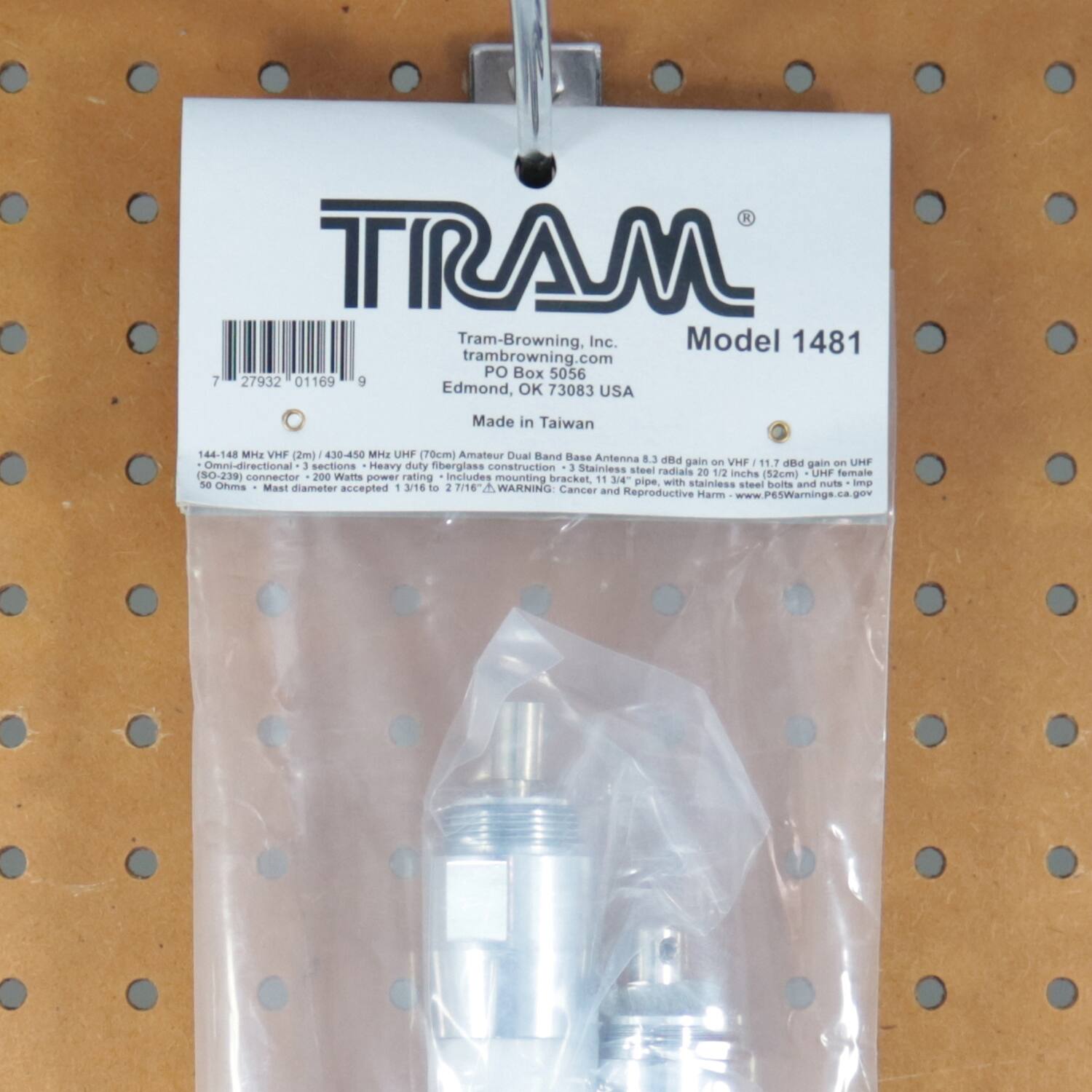 TRAM  
Tram-Browning, Inc.  
Model 1481  
tram-browning.com  
PO Box 5056  
73083 USA  
Edmond, OK  
Made in Taiwan  

144-148 MHz VHF (2m) / 430-450 MHz UHF (70cm) Amateur Dual Band Base Antenna  
8.3 dBi gain on VHF  
Omni-directional  
3 sections  
Heavy duty fiberglass construction  
3 Stainless steel radials (50-239)  
20 1/2 in (52cm) UHF female connector  
200 Watts power rating  
Includes mounting bracket  
11 3/4" so pipe with stainless steel bolts and nuts  
Impedance: 50 Ohms  
Mast diameter accepted: 3/16 to 2 7/16"  

WARNING: Cancer and Reproductive Harm - www.P65Warning.ca.gov  

Tram-Browning Base Antenna 8.3 dBi gain on VHF / 11.74 dBi gain on UHF  
- Omni-directional  
- 3 sections  
- Heavy