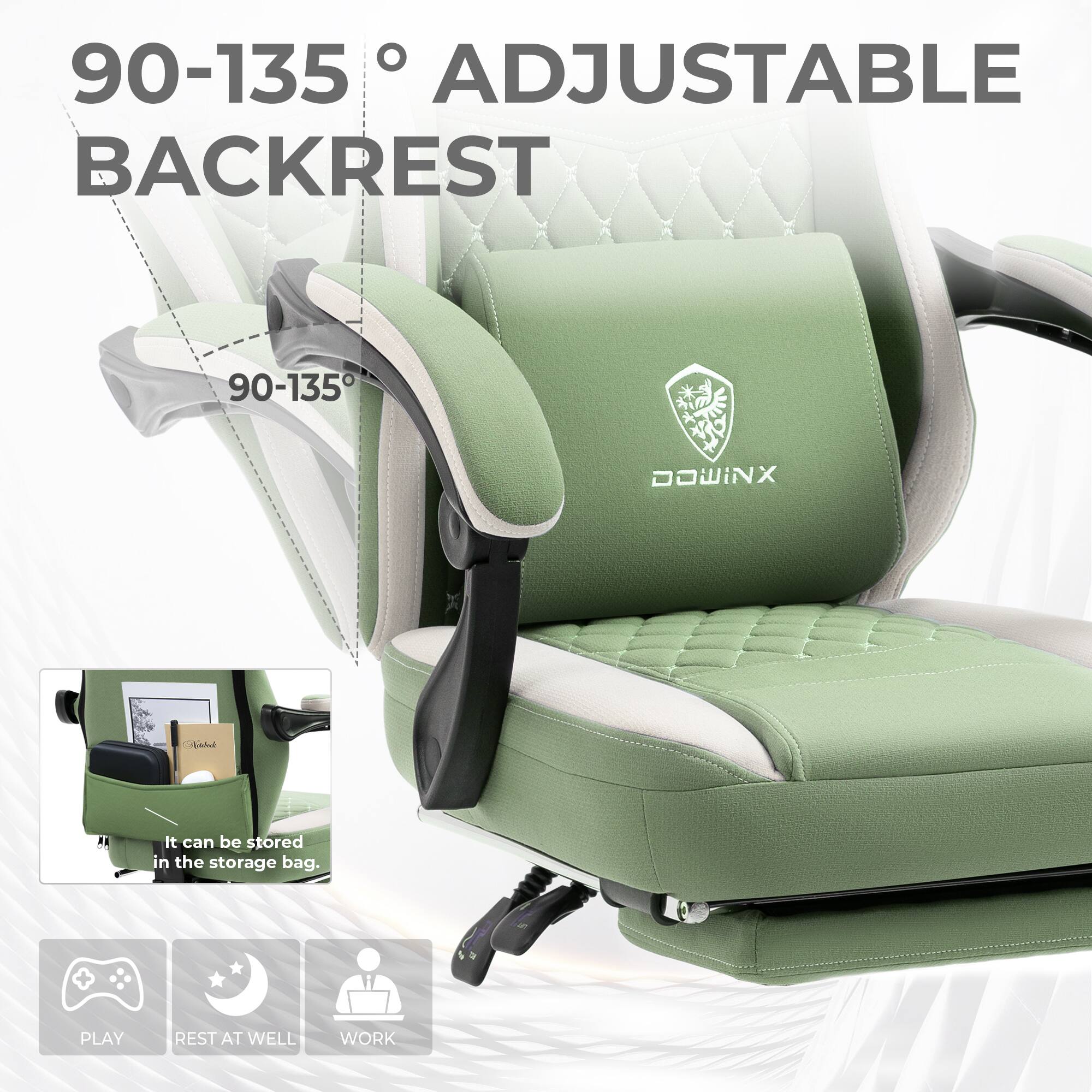 90-135° Adjustable Backrest

It can be stored in the storage bag.

Play Rest at Well Work