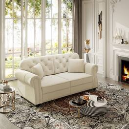 Ropilly - 63 Inch Velvet Loveseat Sofa Button Tufted Chesterfield Style with Rolled Arms Nailhead Trim and 2 Pillows - Beige White