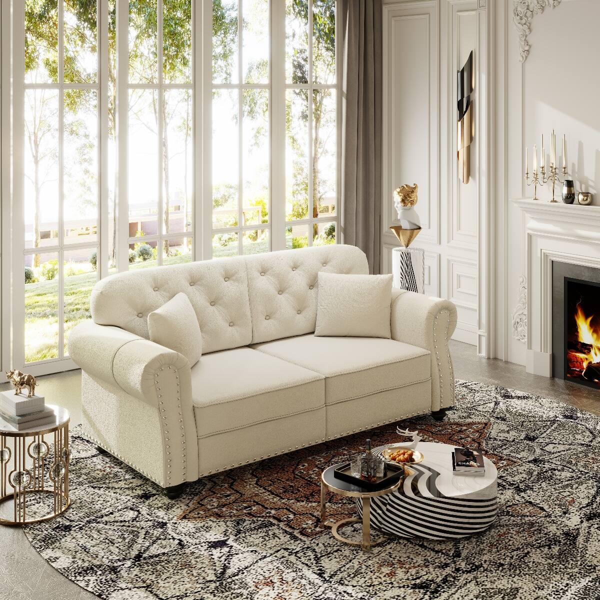 Front. Ropilly - Ropilly 63 Inch Velvet Loveseat Sofa Button Tufted Chesterfield Style with Rolled Arms Nailhead Trim and 2 Pillows - Beige White.