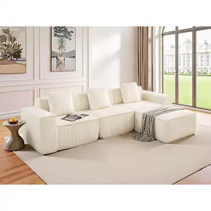 Front. Meqiodas - Boneless Couch for Living Room, Modular Sectional Sofa with Ottoman, Convertible L Shaped Couch, No Assembly Required - White.