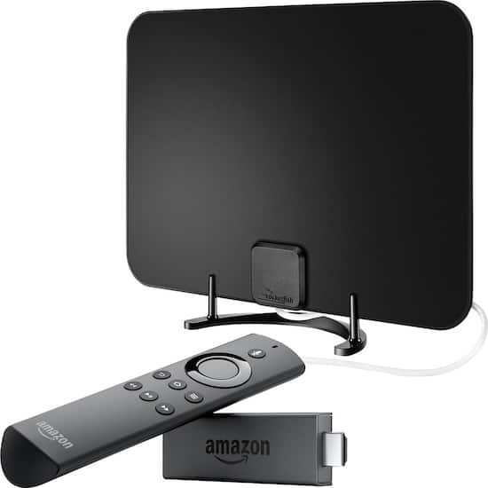 Amazon - Fire TV Stick with Alexa Voice Remote & Rocketfish™ Ultrathin HDTV Antenna Package - Front Zoom
