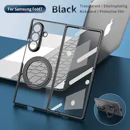 Dteck - Clear Electroplated Case for Samsung Galaxy Z Fold7 with Ring Kickstand, Magnetic Rigid PC Cover Built-in Screen Film - Black