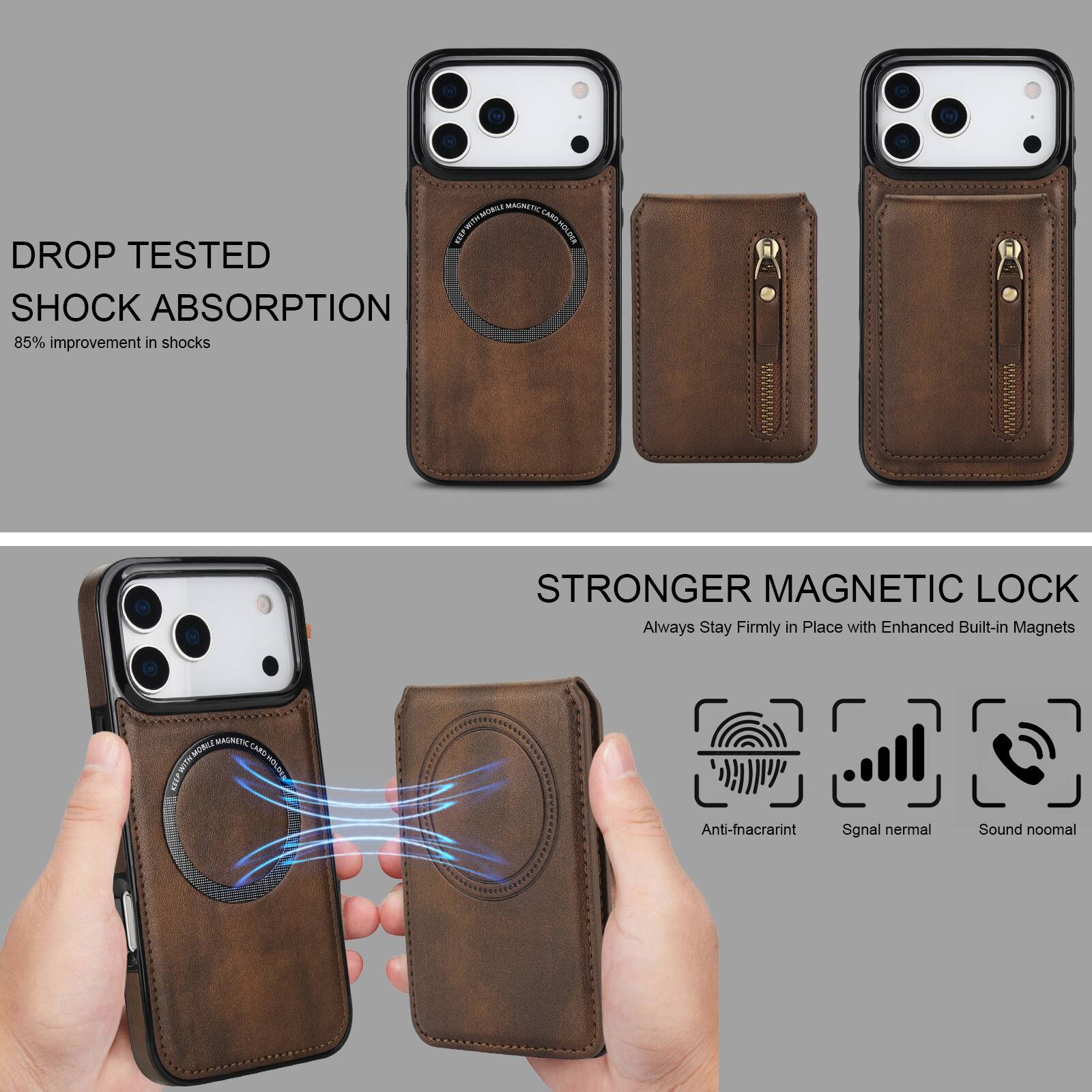 A MAGNETIC HLM CARD HSIPWITN I DROP TESTED SHOCK ABSORPTION 85% improvement in shocks STRONGER MAGNETIC LOCK Always Stay Firmly in Place with Enhanced Built-in Magnets WAUNETIC MORIL CMAG-HOLN CARD NM I Anti-fnacrarint Sgnal nermal Sound noomal