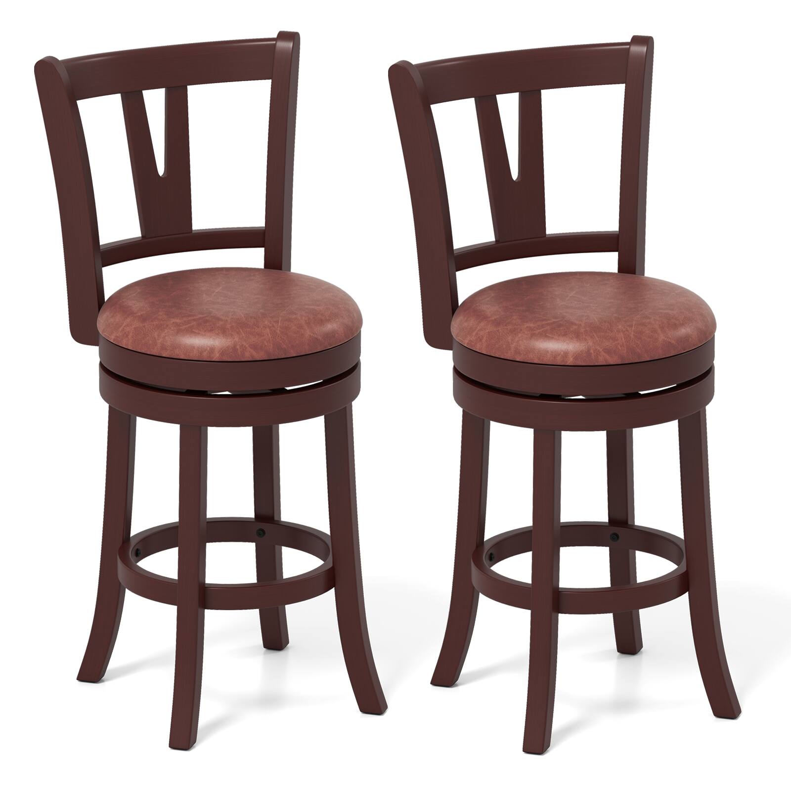 Front. Gymax - Gymax 26'' Counter Height Swivel Barstools Set of 2 High Backs & Footrests Solid Wood - Brown.