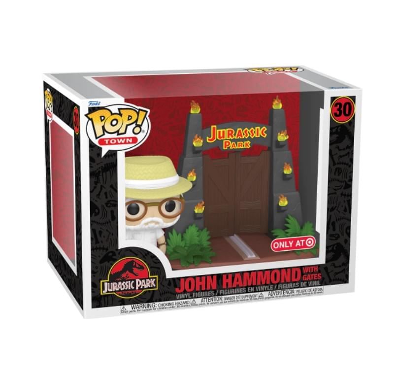 Sure, here is the corrected and grouped text from the image:

---

**Top Left:**
- POP! TOWN

**Top Center:**
- Jurassic Park

**Top Right:**
- 30

**Middle Left:**
- ONLY AT

**Middle Center:**
- JOHN HAMMOND
- WITH GATES

**Middle Right:**
- FIGURES / FIGURINES EN VINYLE / FIGURAS DE VINIL

**Bottom Left:**
- JURASSIC PARK
- VINYL FIGURES

**Bottom Center:**
- WARNING: CHOKING HAZARD
- ATTENTION: DANGER DE CHOKING
- ADVERTENCIA: PELIGRO DE AHOGO

**Bottom Right:**
- ONLY AT

---