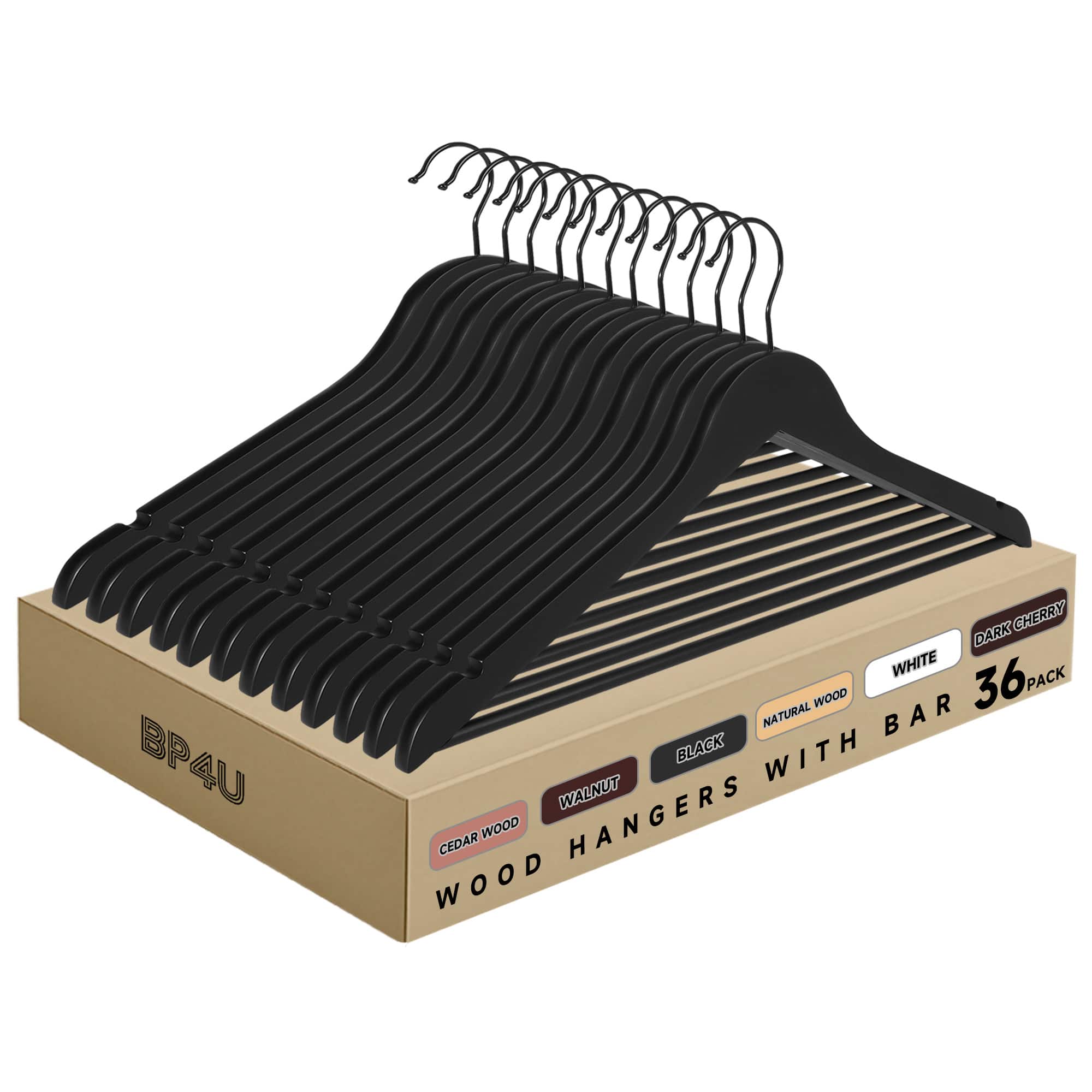 BP4U - 36-Pack Wooden Suit Coat Hangers with Pant Bar, Wood Clothes Hangers for Jackets, Shirts, Dresses, Trousers - Black
