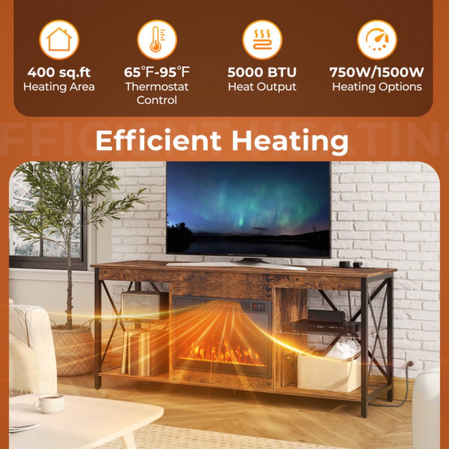 400 sq.ft Heating Area  
65°F-95°F Thermostat Control  
5000 BTU Heat Output  
750W/1500W Heating Options  

Efficient Heating