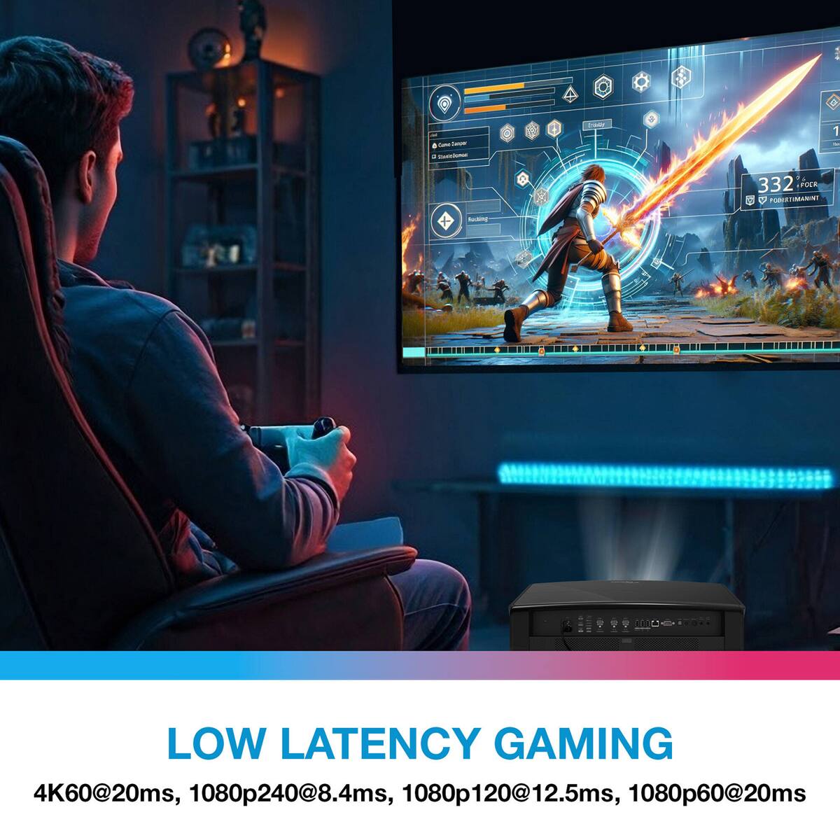 Cene Camper: StanteDomod  
Ender  
1 26 332 POER POBERTIMANINT  
Bucking  
LOW LATENCY GAMING  
4K60@20ms, 1080p240@8.4ms, 1080p120@12.5ms, 1080p60@20ms