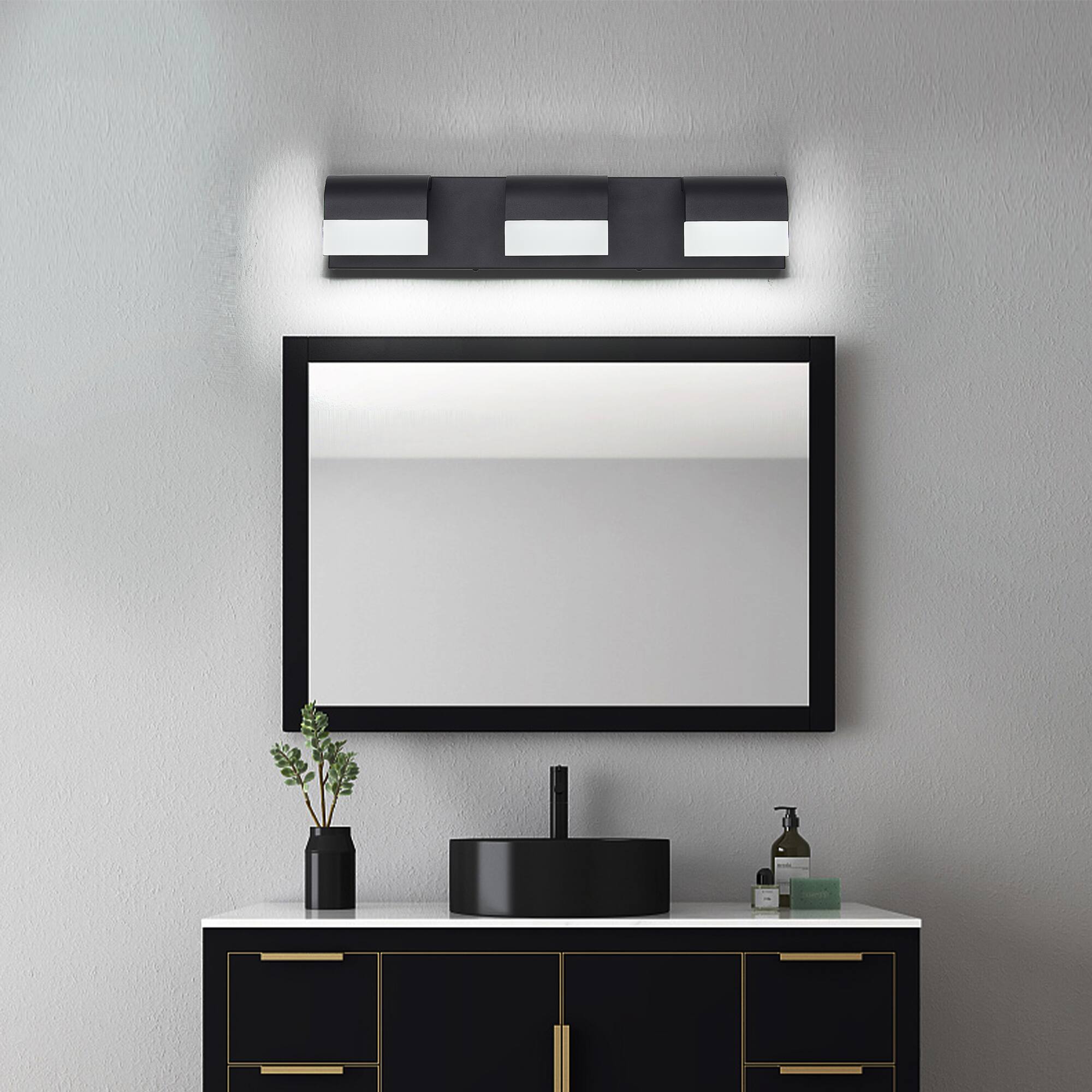 Angle. HOMLUX - 21.65 in. 3 Lights Black LED Vanity Light Bar Vanity Accent Lighting Fixtures and Metal Wall Sconces with Acrylic Shade.