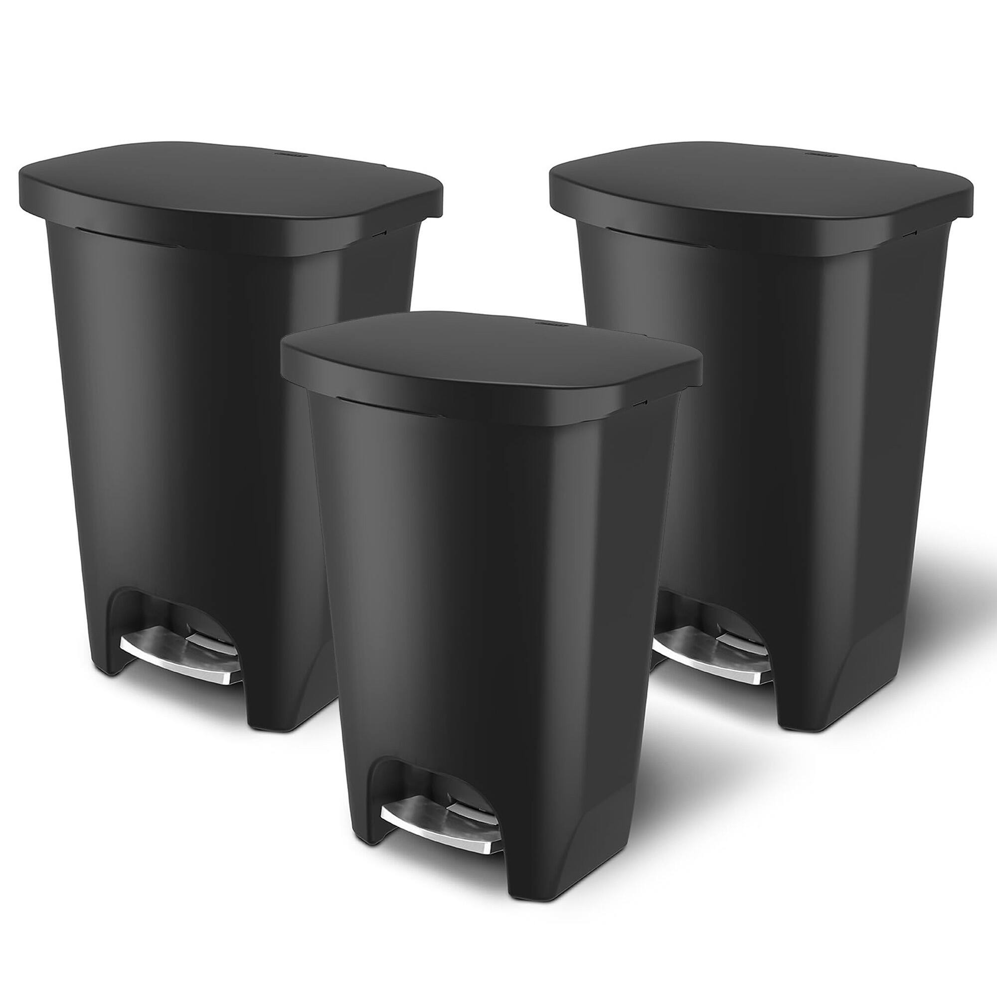 Front. Glad - Glad Trash Can w/ Lid, Stainless Pedal, Garbage Bag Rings, 13 Gal, Black, 3 Pack - Premium.