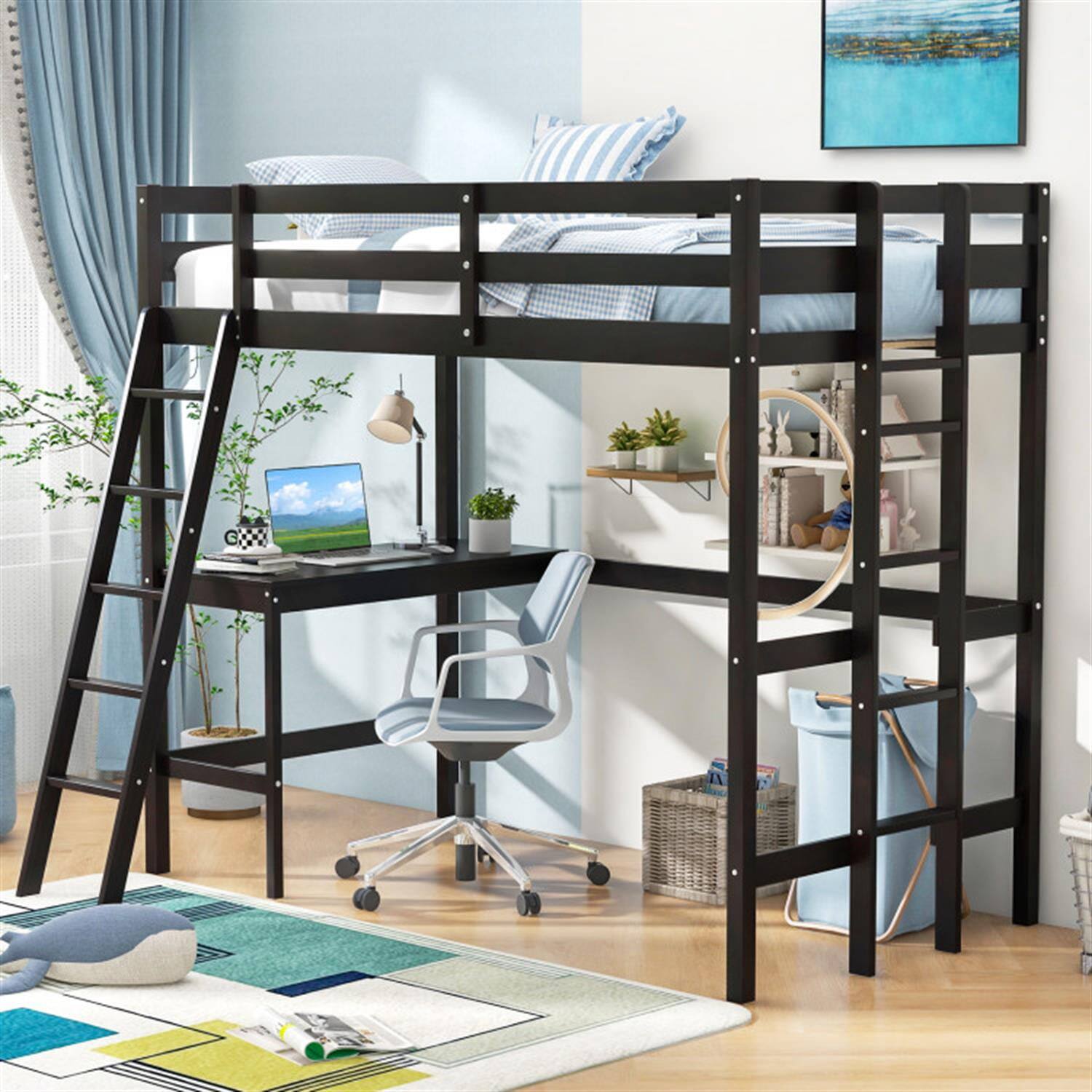 Angle. Pefilos - Loft Bed Twin Size, Solid Wood Loft Bed with Desk Angled and Built-in Ladder, Modern Wooden Playhouse Bed Frame, Brown - Brown.