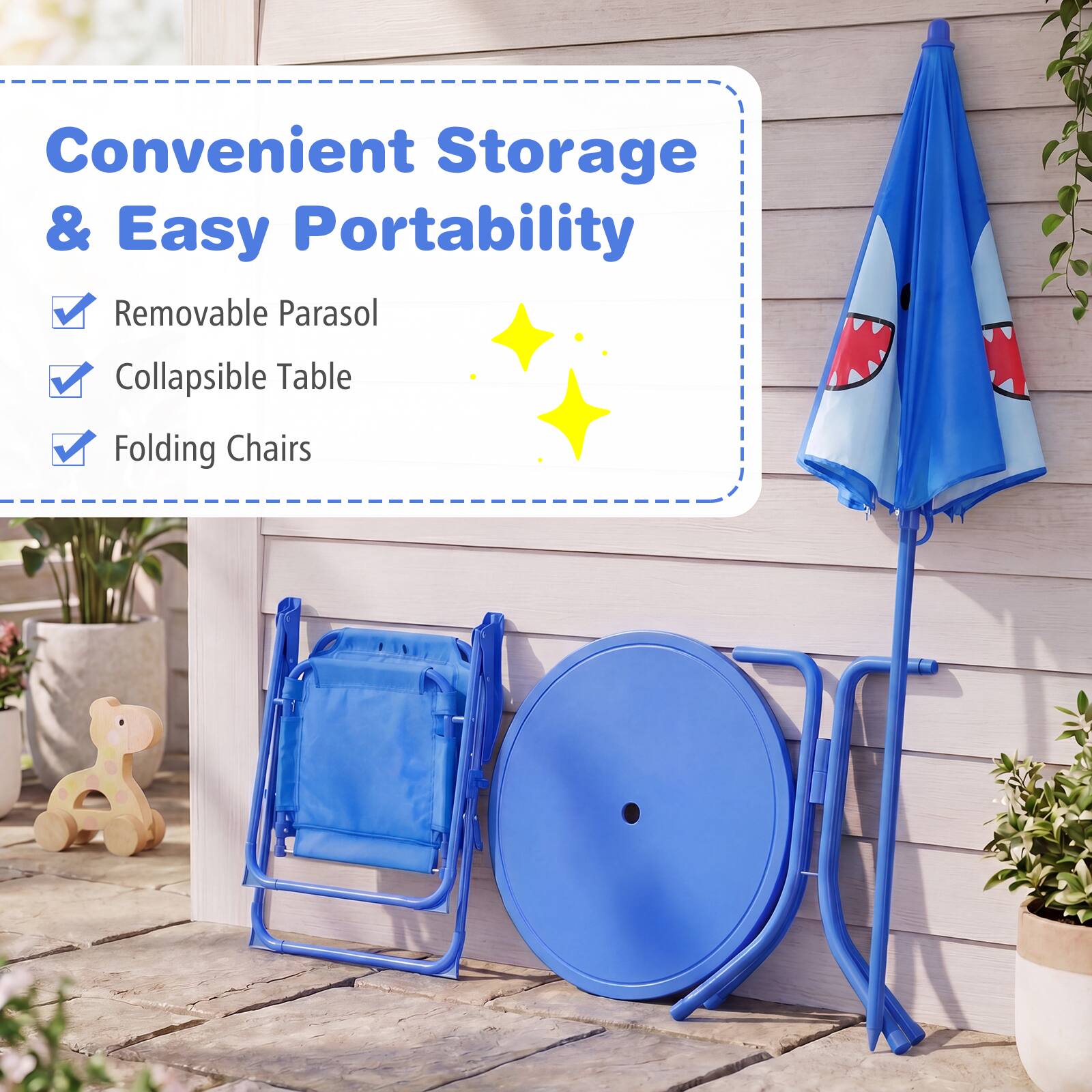 Convenient Storage & Easy Portability  
- Removable Parasol  
- Collapsible Table  
- Folding Chairs