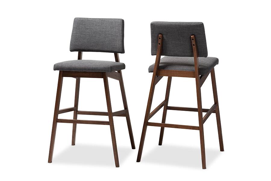 Baxton Studio - Set of 2 Colton Mid-Century Modern Dark Gray Fabric Upholstered and Walnut Finished Bar Stools - Gray/Walnut