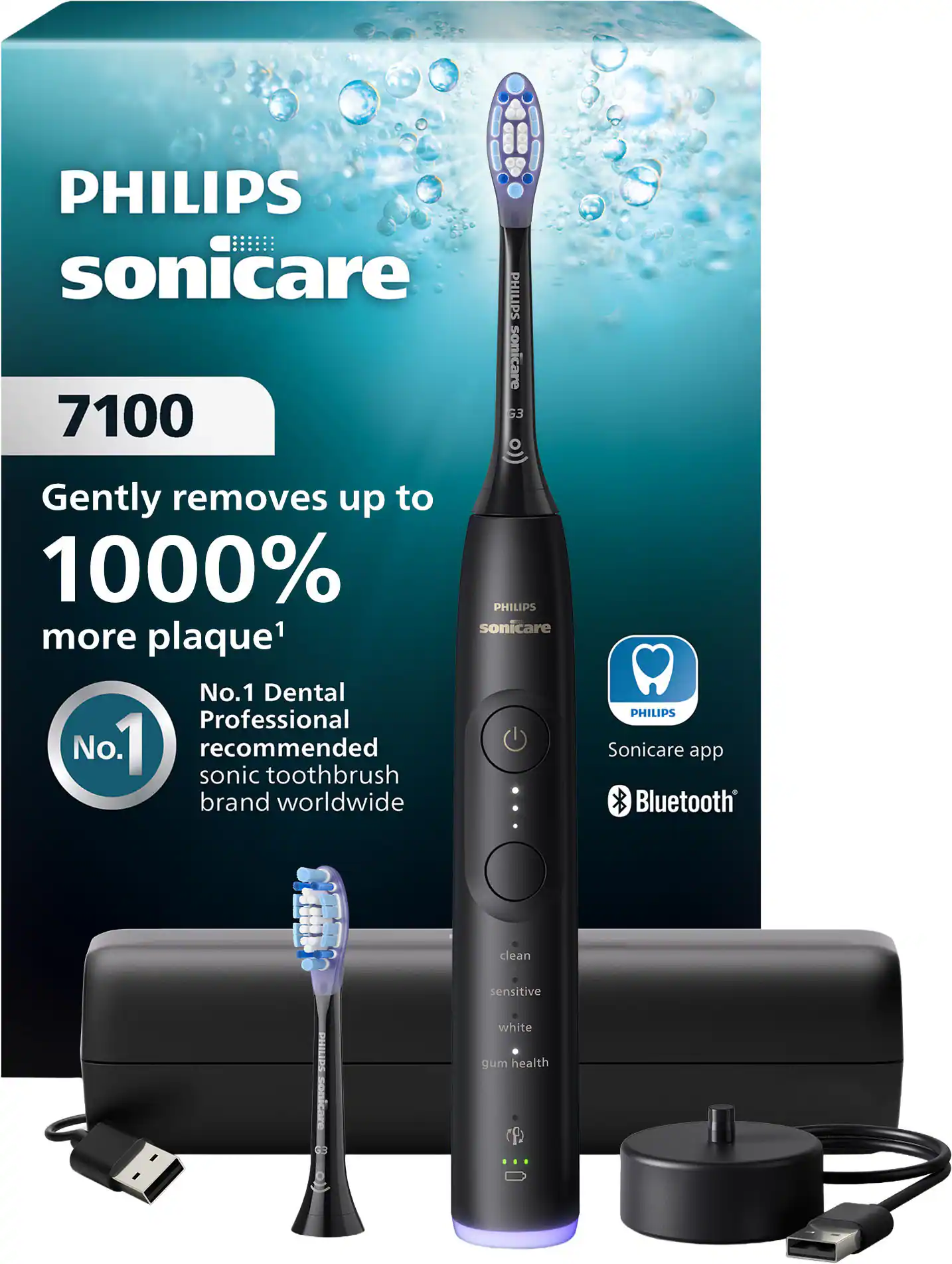 PHILIPS sonicare  
PHILIPS sonicare 7100  
Gently removes up to 1000% more plaque¹  
No. 1 Dental Professional recommended sonic toothbrush brand worldwide  
PHILIPS Sonicare app  
Bluetooth  
clean  
sensitive  
white  
gum health