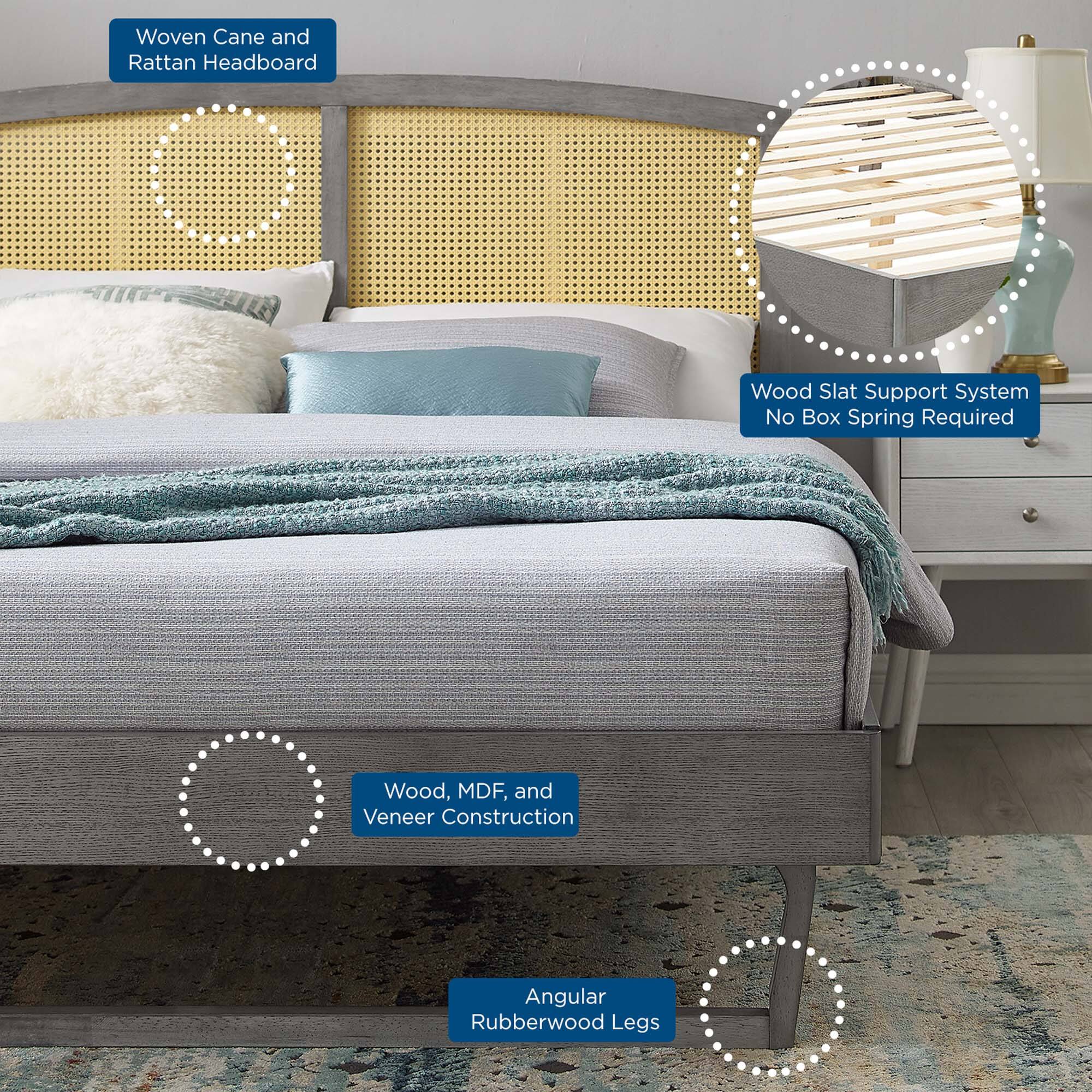 - Woven Cane and Rattan Headboard
- Wood Slat Support System
- No Box Spring Required
- Wood, MDF, and Veneer Construction
- Angular Rubberwood Legs