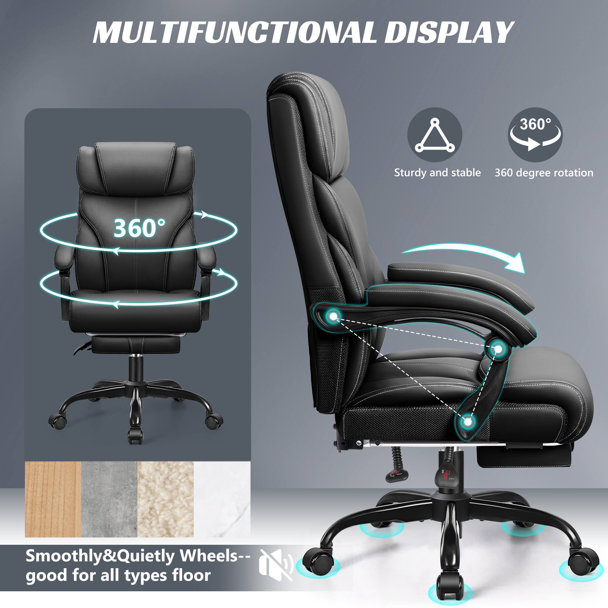 MULTIFUNCTIONAL DISPLAY

- Sturdy and stable
- 360 degree rotation

360°

Smoothly&Quietly Wheels-- good for all types floor