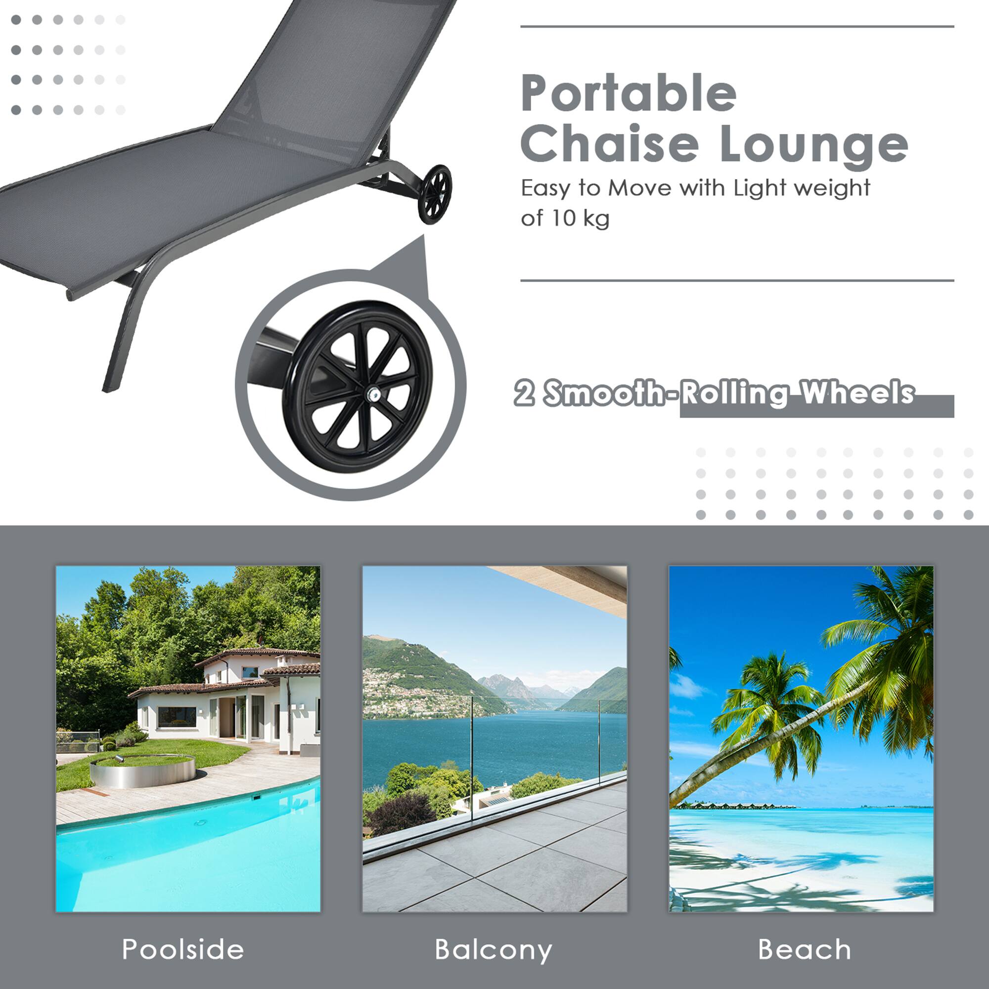 Portable Chaise Lounge, Easy to Move with Light weight of 10 kg, 2 Smooth-Rolling Wheels, Poolside, Balcony, Beach