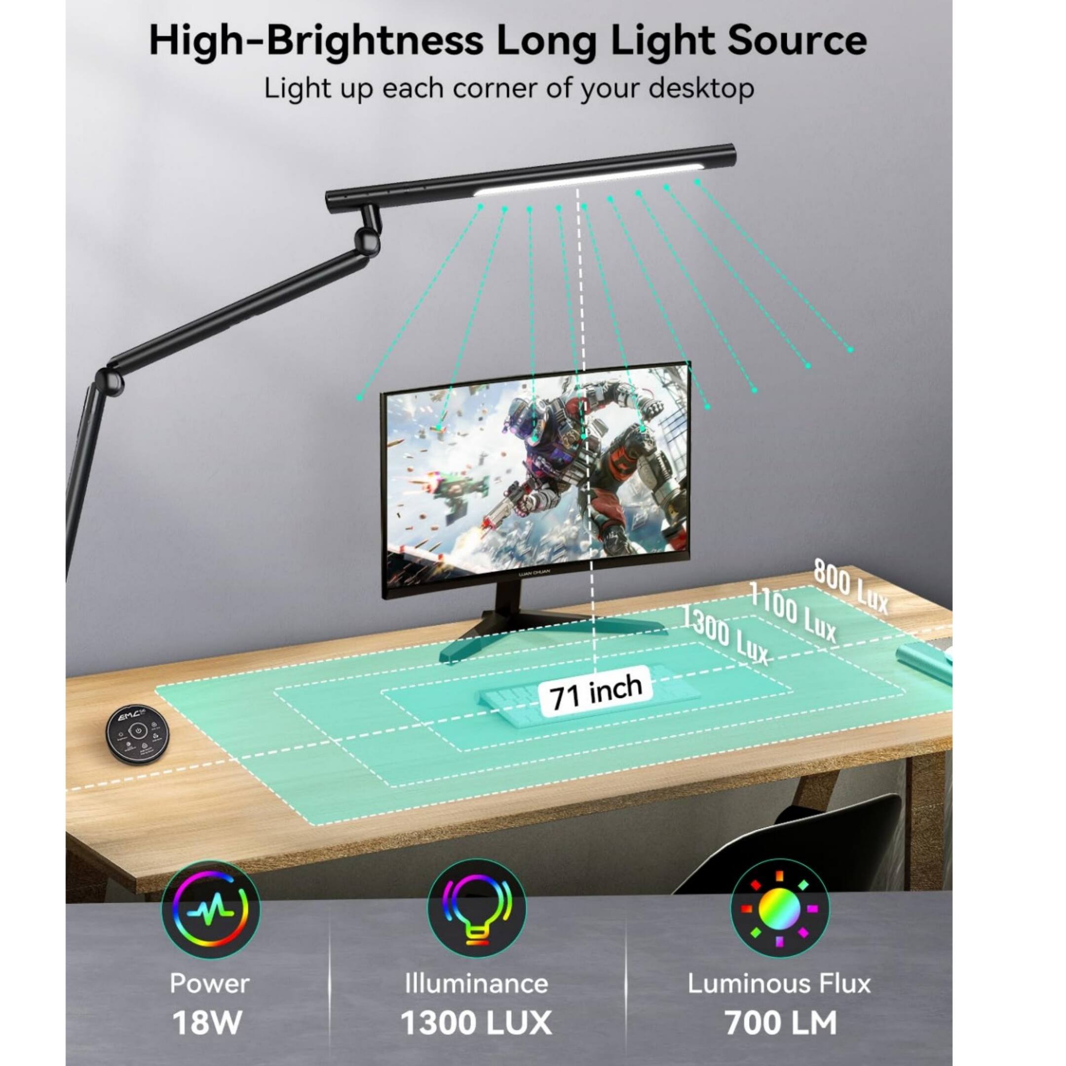 High-Brightness Long Light Source  
Light up each corner of your desktop  

- Power: 18W  
- Illuminance: 1300 LUX  
- Luminous Flux: 700 LM  
- 71 inch  
- 800 Lux  
- 1100 Lux  
- 1300 Lux