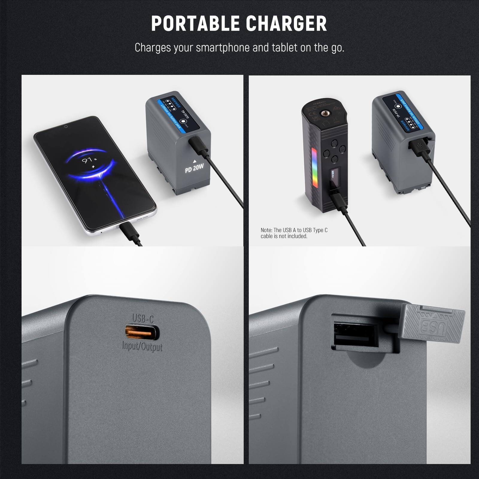 PORTABLE CHARGER  
Charges your smartphone and tablet on the go.  

Note: The USB A to USB Type C cable is not included.  

USB-C Input/Output