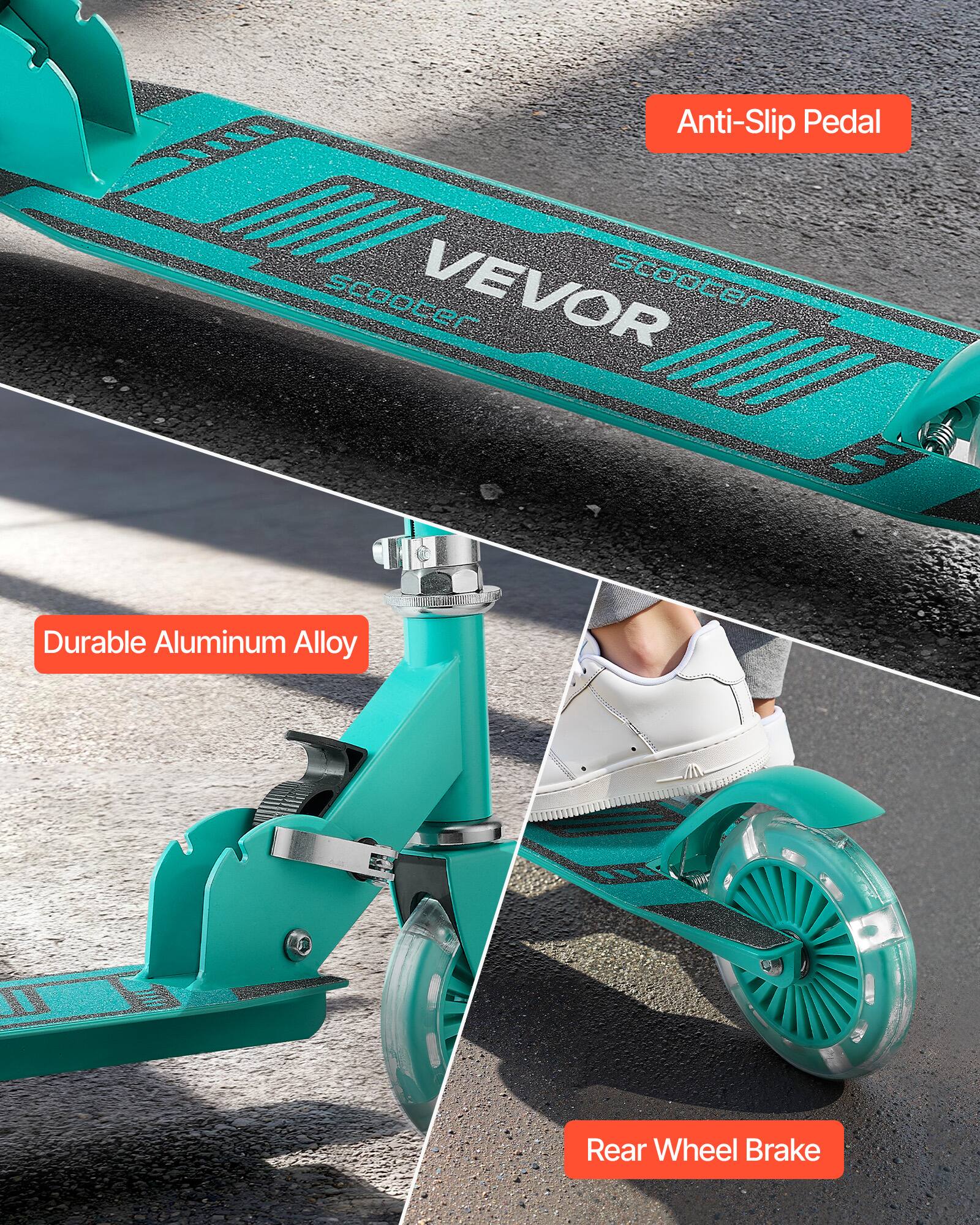 Anti-Slip Pedal  
VEVOR Scooter  
Durable Aluminum Alloy  
Rear Wheel Brake