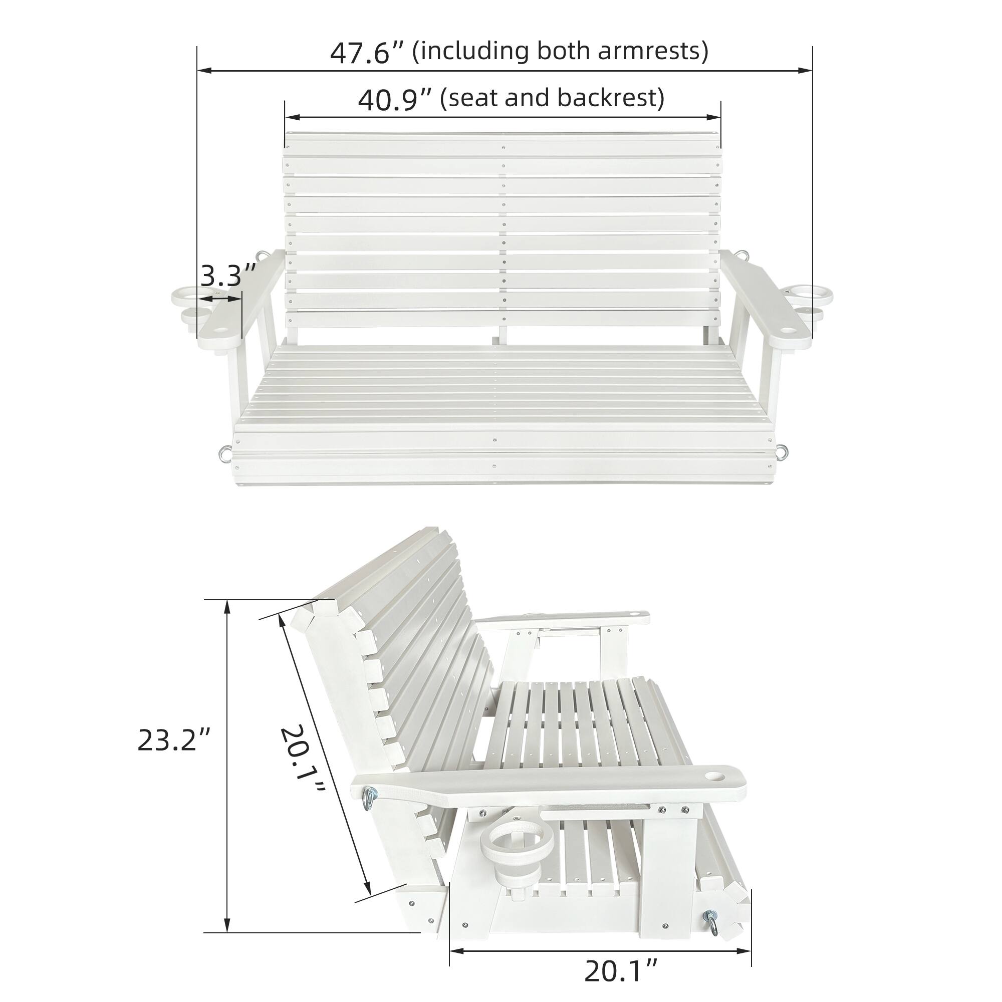 47.6" (including both armrests)  
40.9" (seat and backrest)  
3.3"  
23.2"  
20.1"  
20.1"
