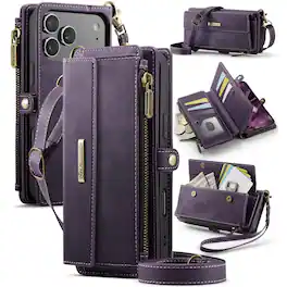 UUCOVER - For Apple iPhone 18 Pro Max Crossbody Zipper Wallet Folio Case with RFID Card Slots, Kickstand & Shoulder Wrist Strap - Purple