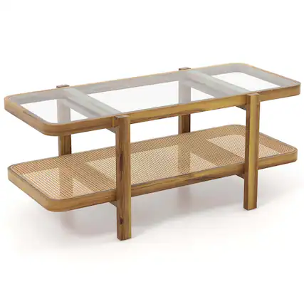 Front. Costway - 2-Tier Rustic Coffee Table with Storage Tempered Glass Tabletop PE Rattan Shelf - Brown and Natural.