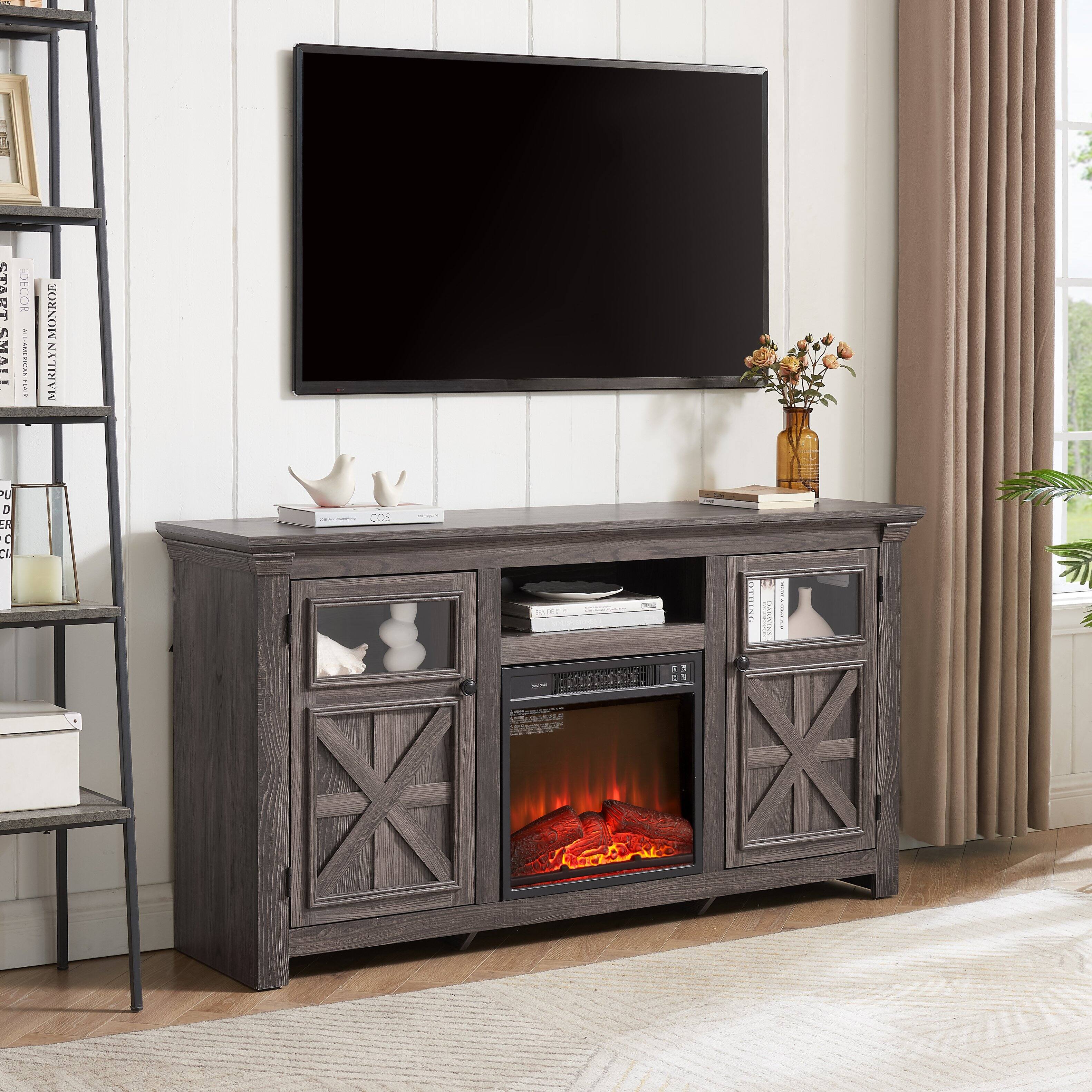 Alt View 3. TinyHomie - 60.23inch W Farmhouse TV Stand Barn Design 18inch Fireplace Insert Grey.