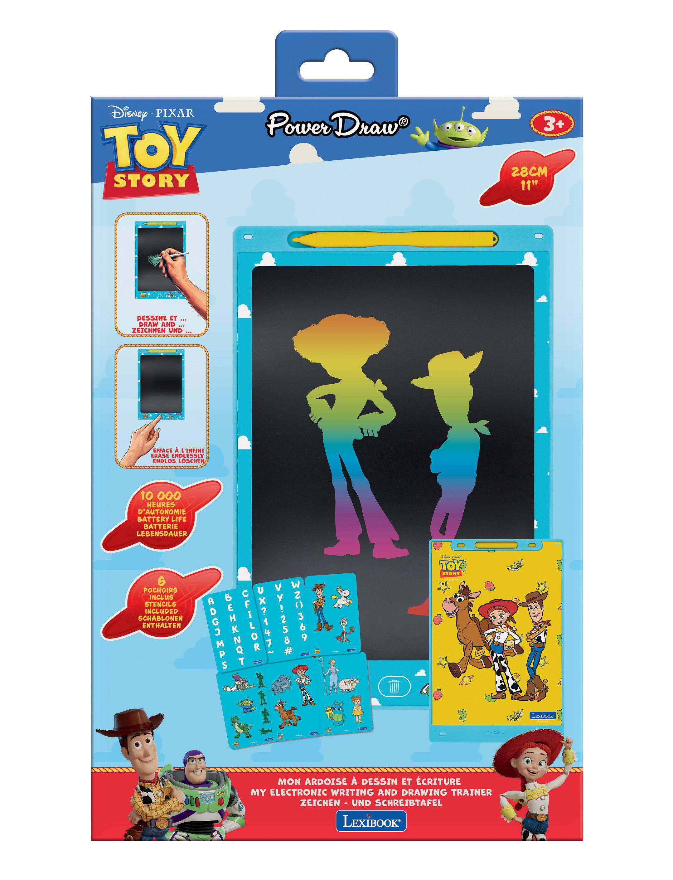 Disney PIXAR TOY STORY  
Power Draw R  
3+ 28CM 11"  
DESSINE ET... DRAW AND... ZEICHNEN UND...  
EFFACE A L'INFINI ERASE ENDLESSLY ENDLOS LOSCHEN  
10 000 HEURES D'AUTONOMIE BATTERY LIFE BATTERIE LEBENDAUER  
6 POCHOIRS INCLUS STENCILS SCHABLONEN ENTHALTEN  
ADGJMPS BEHKNQT CFILOR UX?1471 Vy!258# wz=369  
- TOYA STORY  
LESTE  
MON ARDOISE DESSIN ET CRITURE MY ELECTRONIC WRITING AND DRAWING TRAINER ZEICHEN UND SCHREIBTAFEL LEXIBOOK