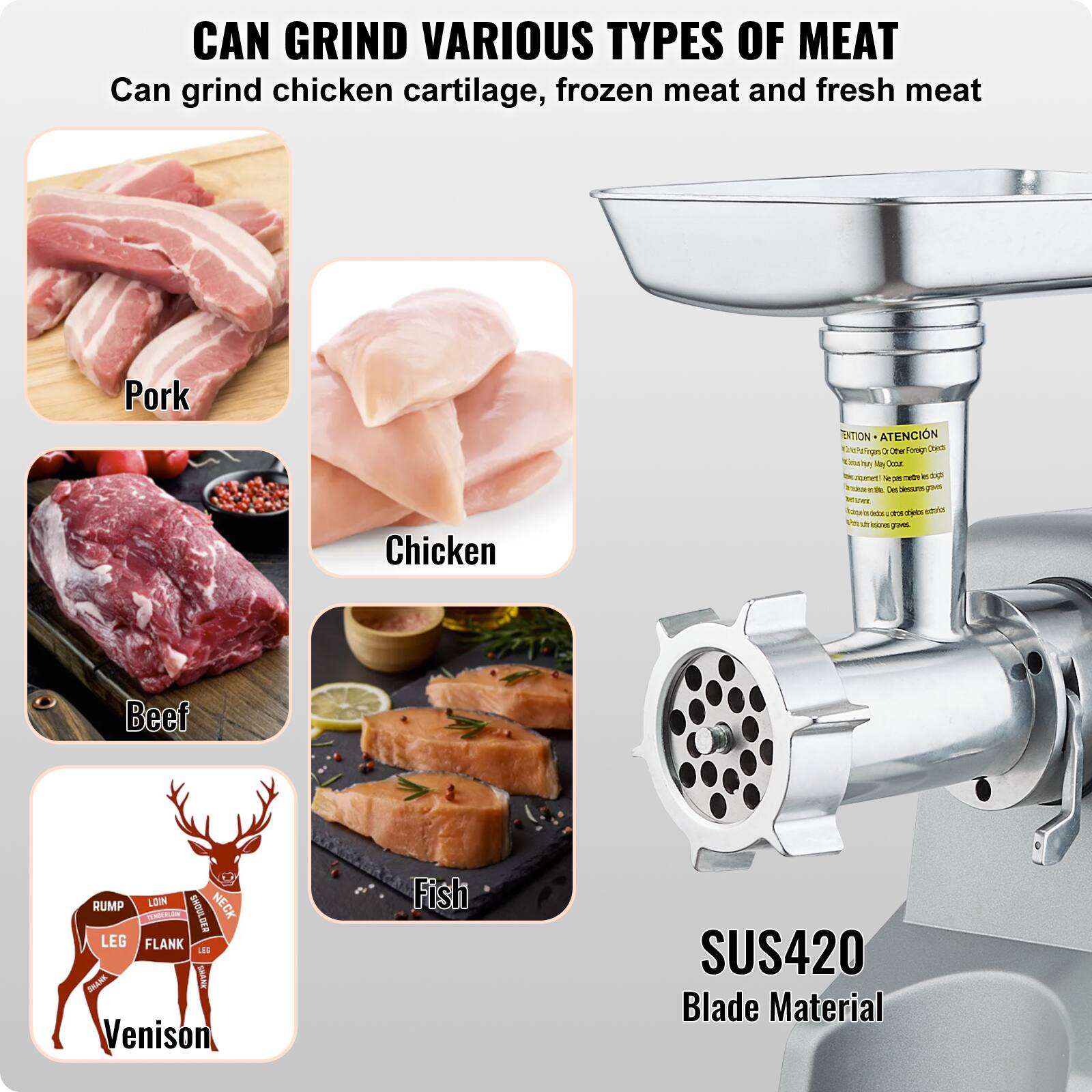 CAN GRIND VARIOUS TYPES OF MEAT
Can grind chicken cartilage, frozen meat and fresh meat
Pork Chicken
Beef
Fish
Venison
SUS420 Blade Material