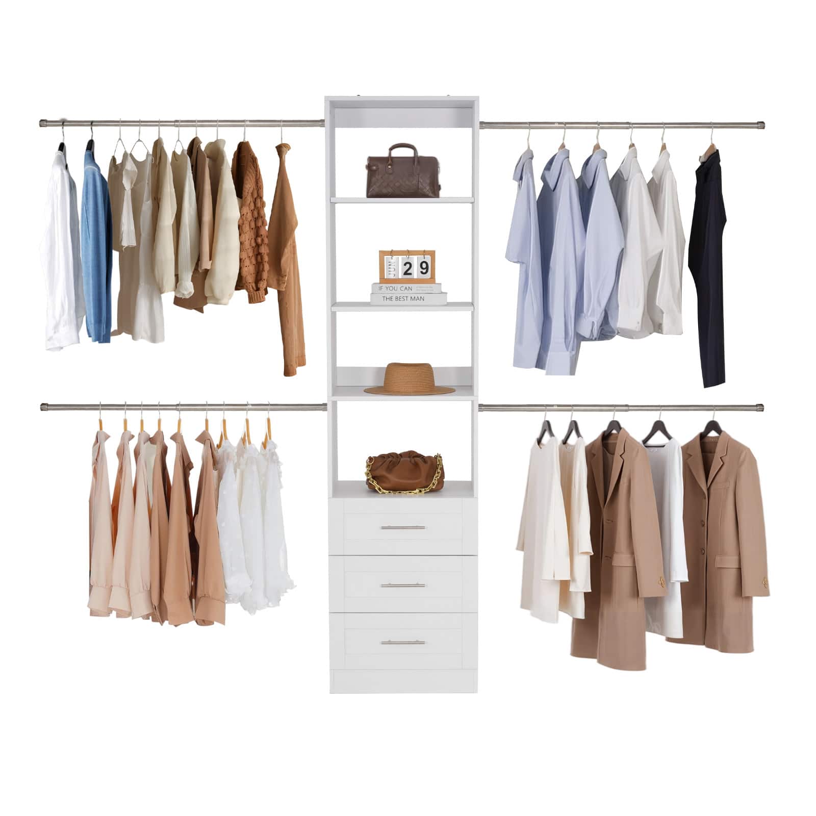 VEVOR - Closet System with 3 Drawers, Adjustable Height Wooden Closet Organizers, Modern Walk-in Wardrobe Organization - White