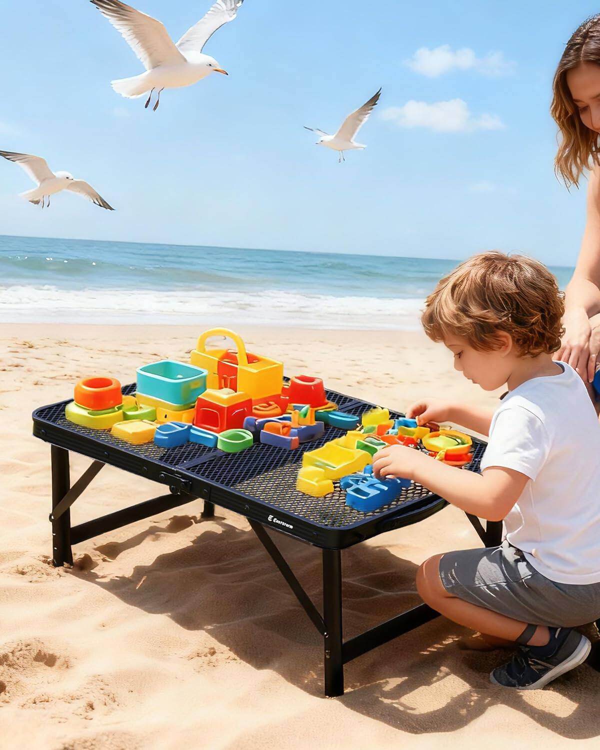 Left. JETRANSPORT - 2ft Small Folding Table With Carry Handle  Adjustable Height 10.6-22 In Black Metal Mesh Portable & Compact In - Silver Square - 27.2"L x 27.2"W x 12.2"/26"H.