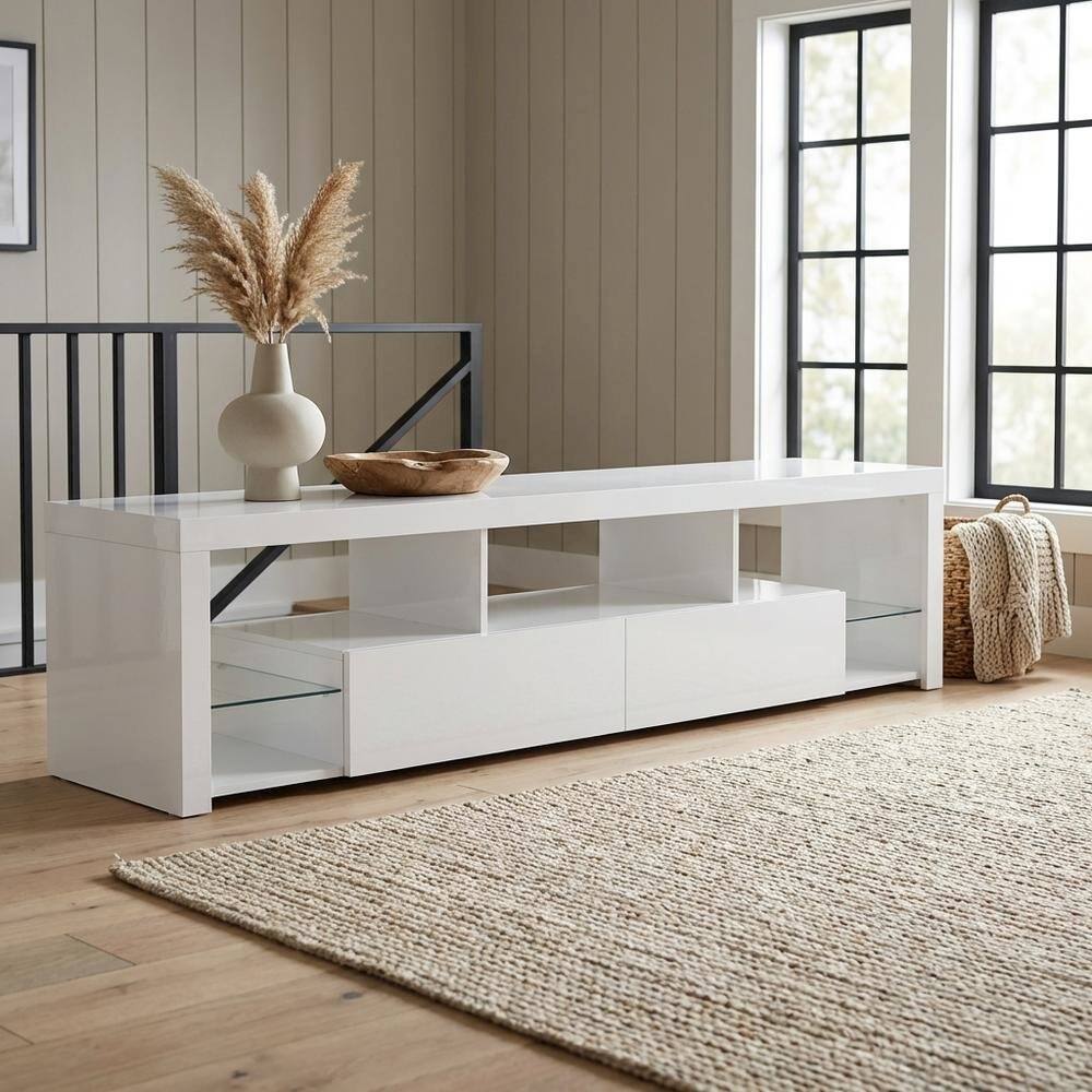 Alt View 1. FurniFact - White 2-Drawer TV Stand with High Gloss Finish and Contemporary Style - White.