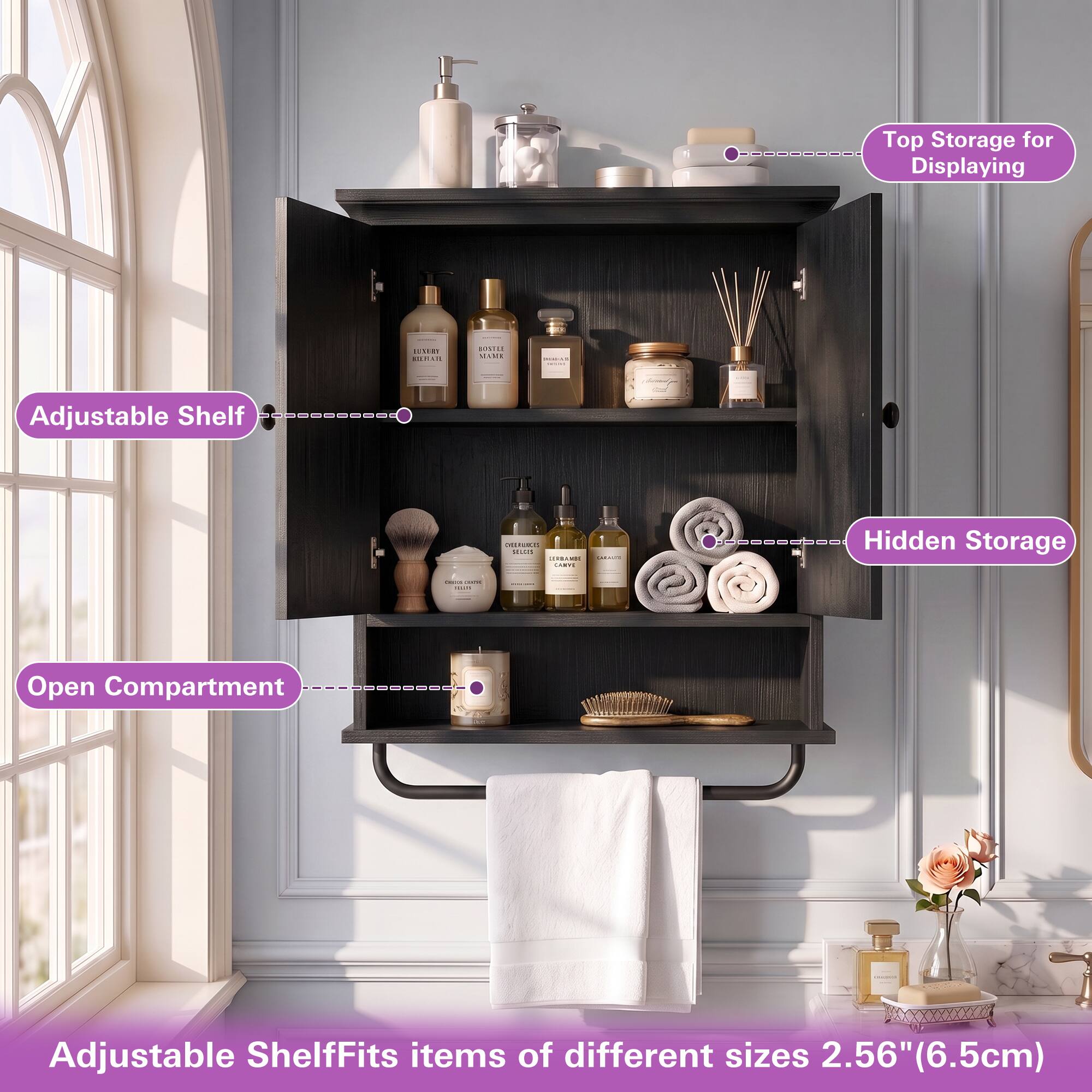 Top Storage for Displaying  
Adjustable Shelf  
Hidden Storage: Open Compartment  
Adjustable Shelf Fits items of different sizes 2.56" (6.5cm)