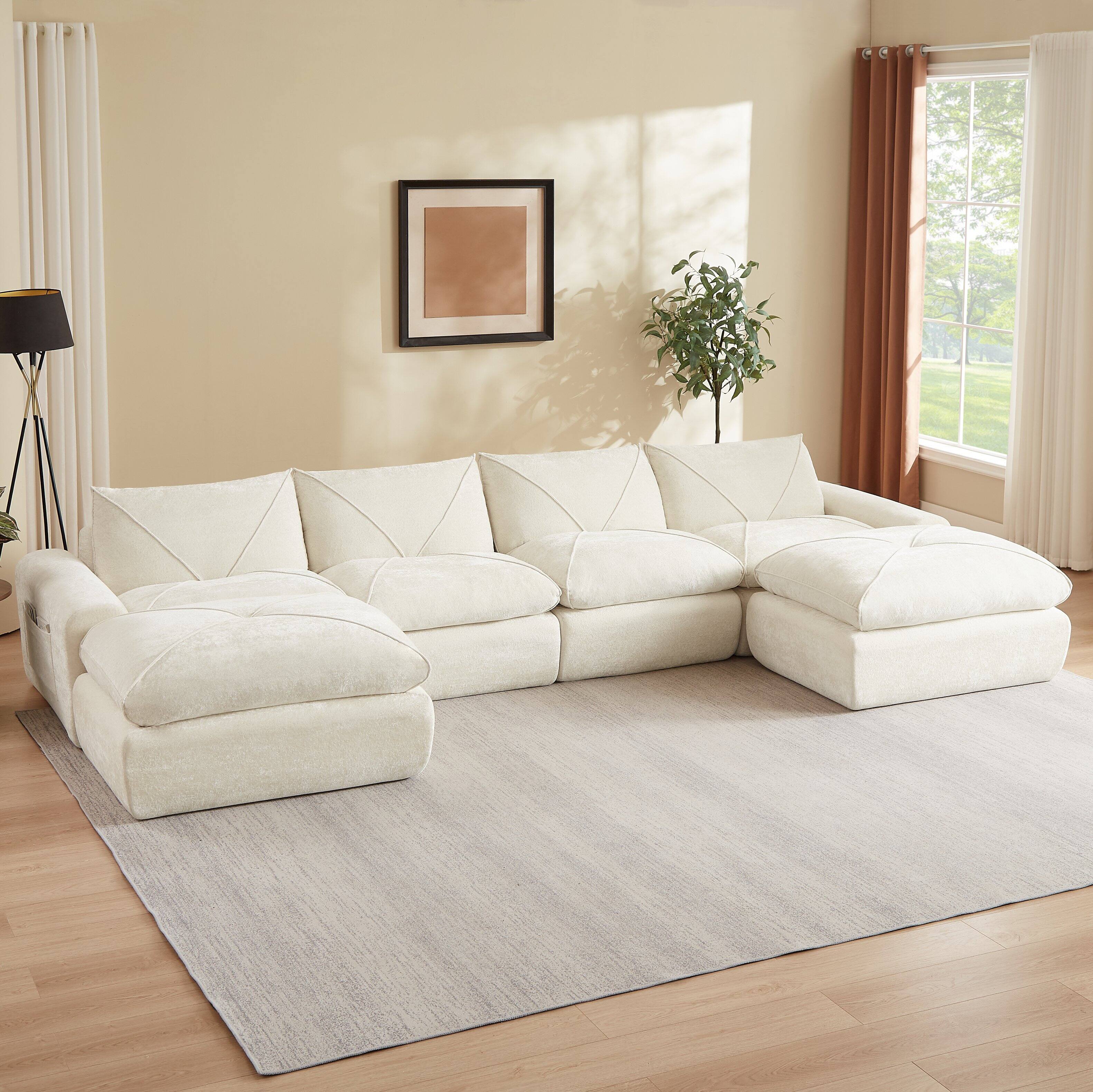 Angle. Loheer - Loheer Modern Minimalist Chenille Sectional Sofa with Ottoman Oversized Living Room Couch - Beige.