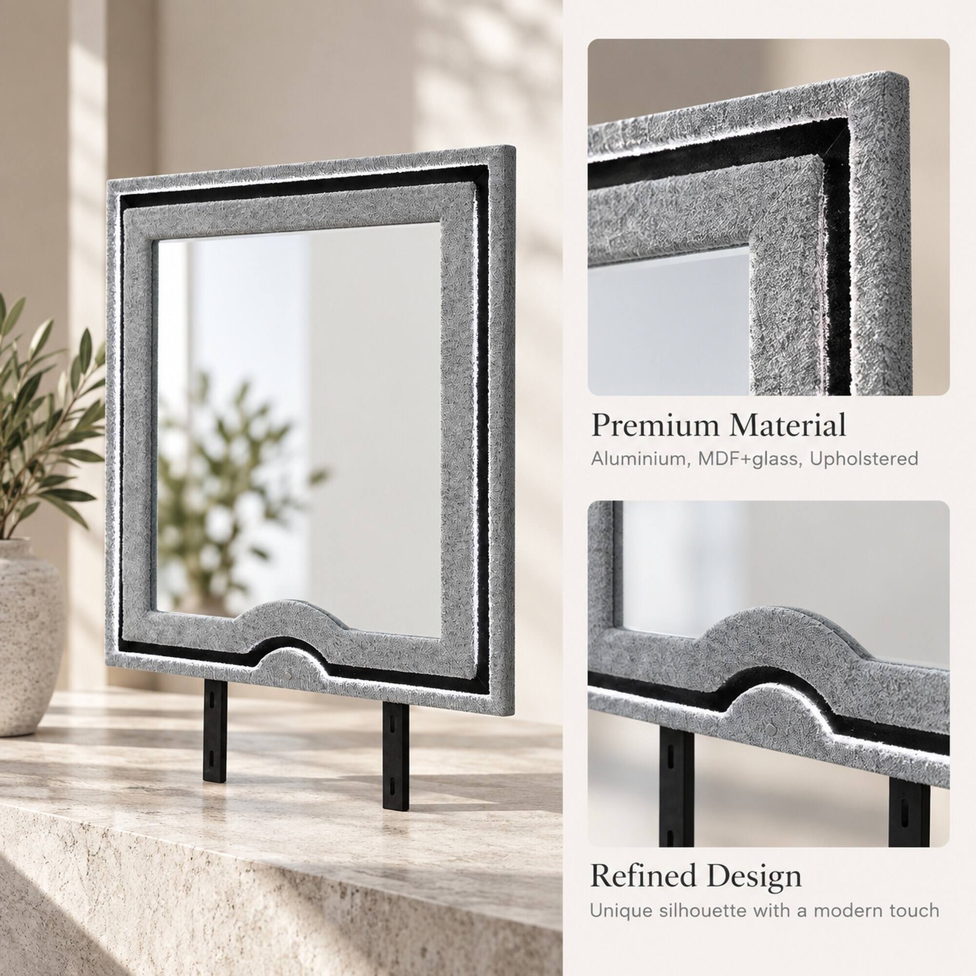 Premium Material: Aluminium, MDF+glass, Upholstered

Refined Design: Unique silhouette with a modern touch