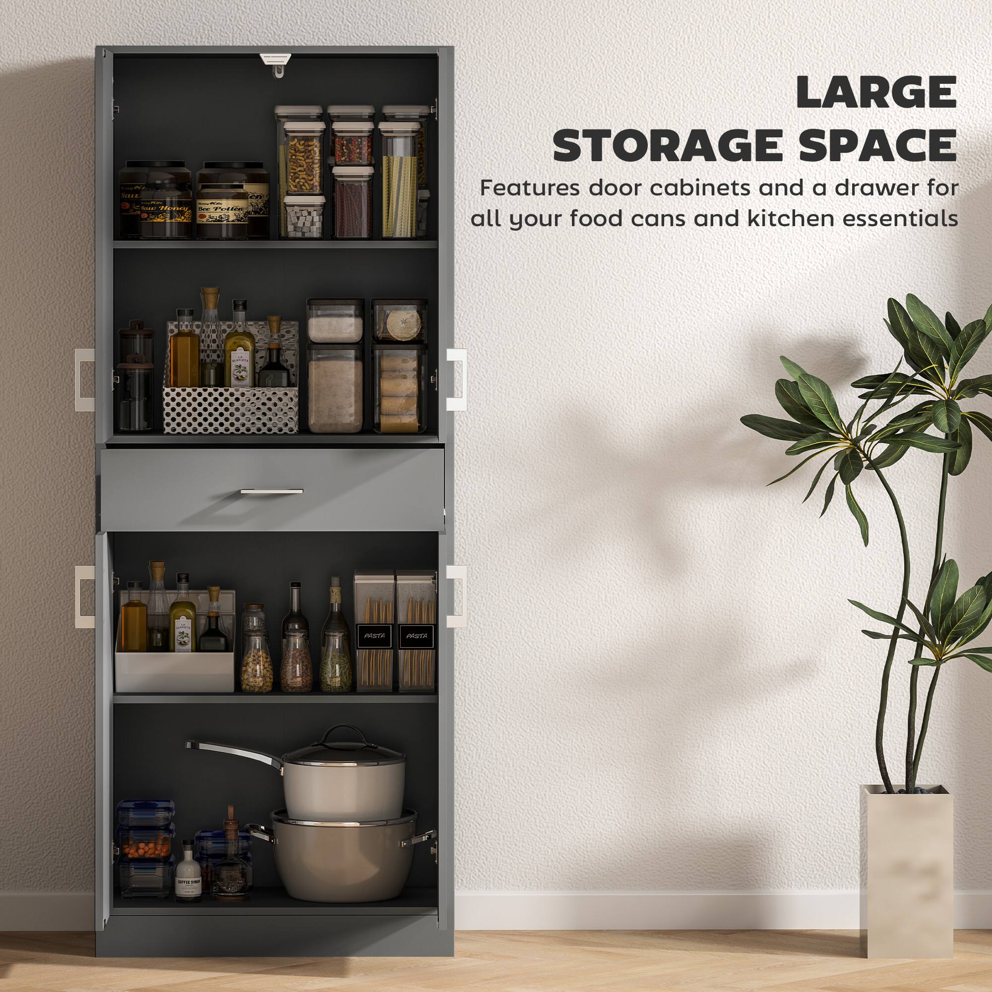 LARGE STORAGE SPACE Features door cabinets and a drawer for all your food cans and kitchen essentials