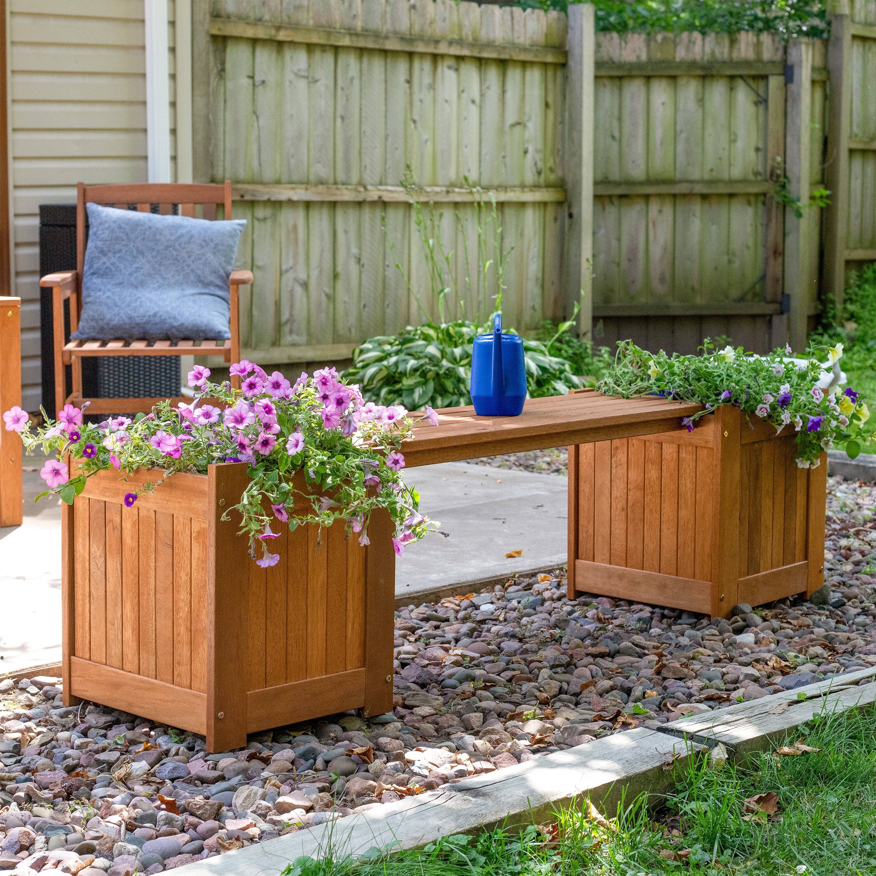 Alt View 3. Sunnydaze - Meranti Wood Outdoor Bench with Planter Boxes - Brown.