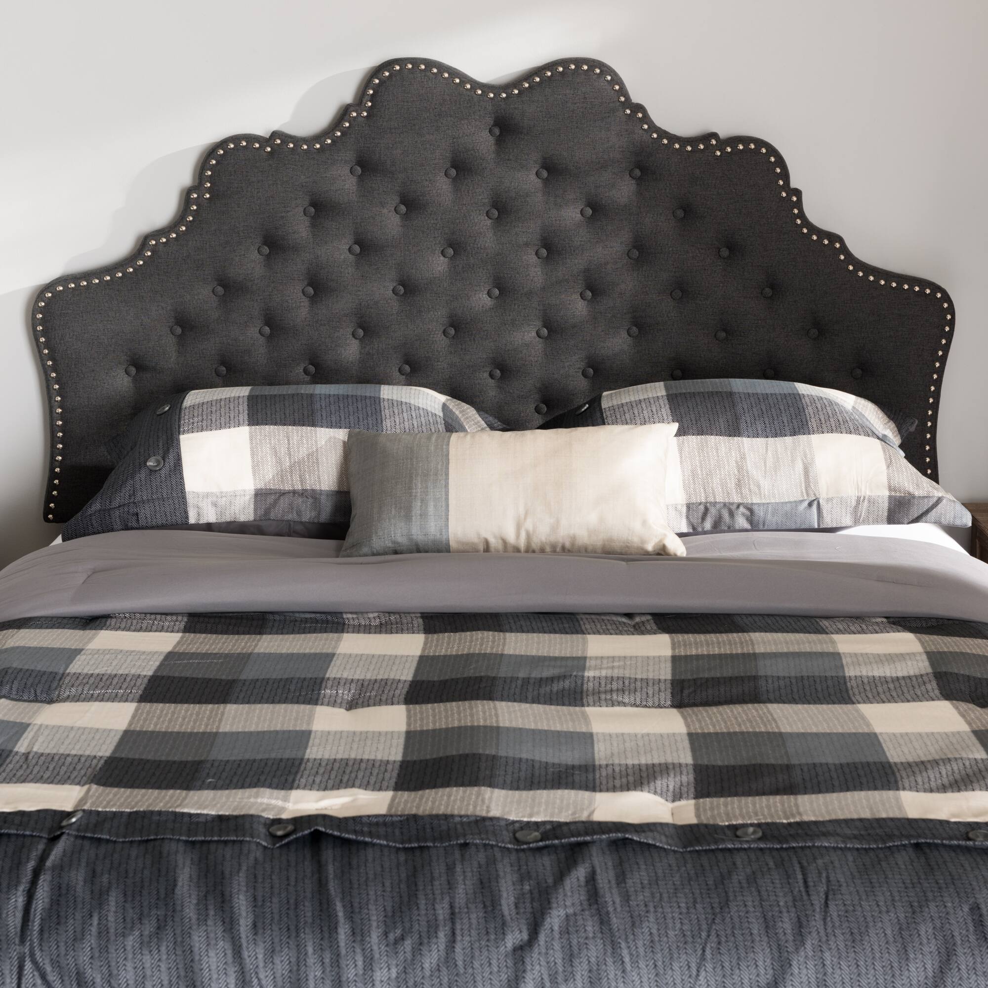 Back. Baxton Studio - Hilda Modern and Contemporary Fabric Queen Size Headboard - Dark Grey.