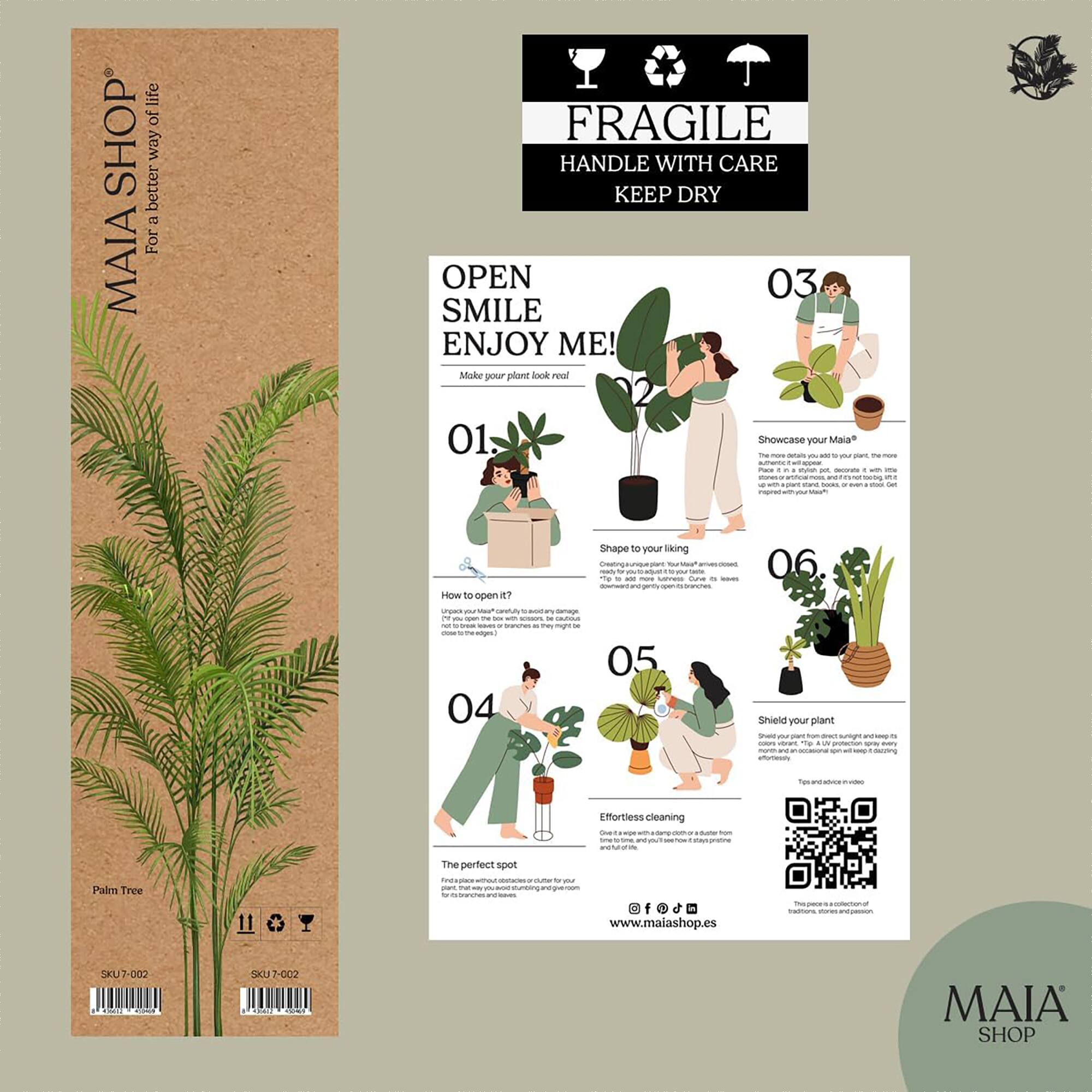 Sure, here is the corrected and grouped text from the image:

---

**MAIA SHOP**  
For a better way of life

**FRAGILE**  
HANDLE WITH CARE  
KEEP DRY

**OPEN SMILE ENJOY ME!**  
Make your plant look real!

**01.**  
How to open it?  
Unpack your MAIA* carefully!  
1. Open the box, remove the top layer.  
2. Open the box, remove the top layer.  
3. Open the box, remove the top layer.  
4. Open the box, remove the top layer.  
5. Open the box, remove the top layer.  
6. Open the box, remove the top layer.  
7. Open the box, remove the top layer.  
8. Open the box, remove the top layer.  
9. Open the box, remove the top layer.  
10. Open the box, remove the top layer.  
11. Open the box, remove the top layer.  
12. Open the box, remove the top layer.  
13. Open the box, remove the top layer.  
14. Open the box, remove the top layer.  
15. Open