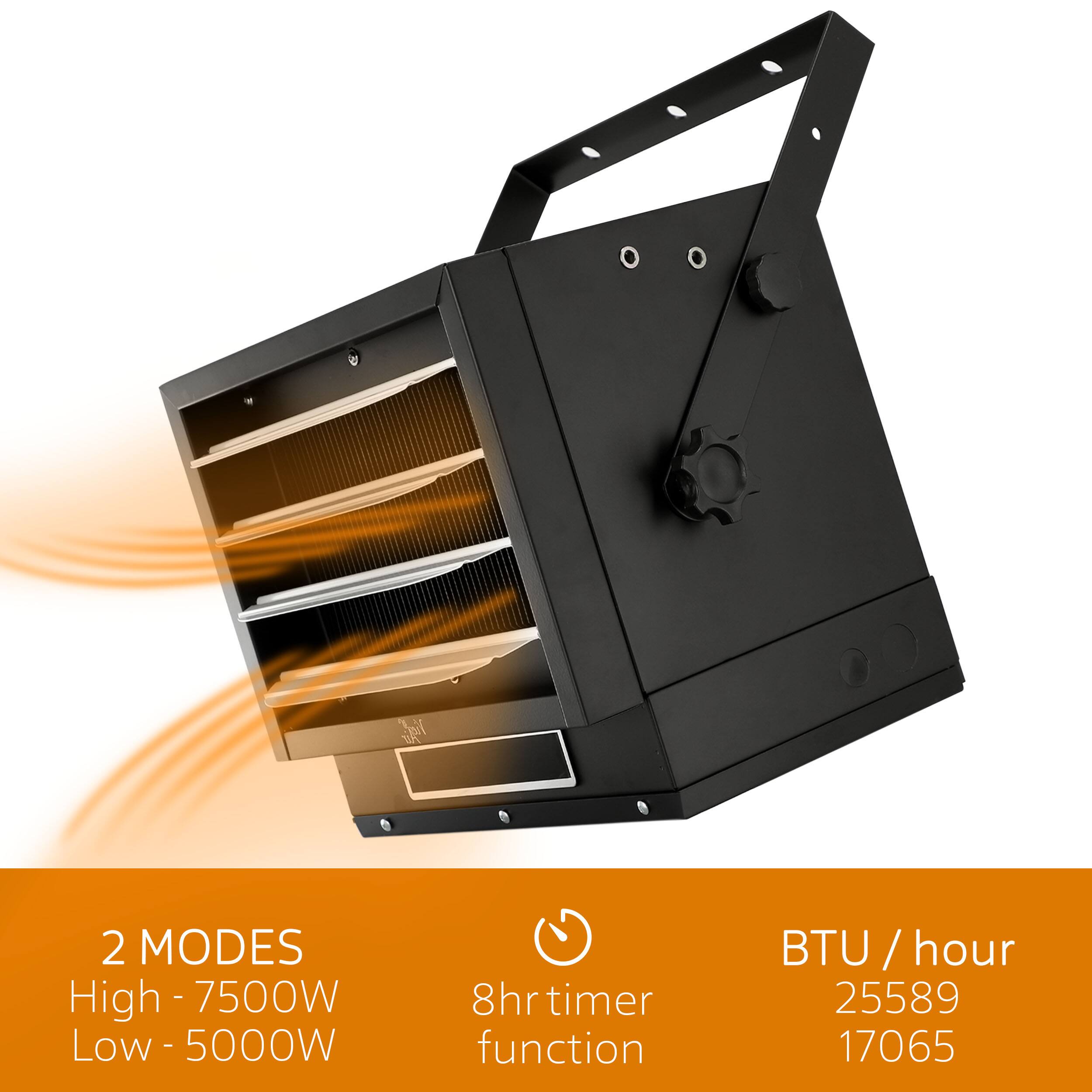 2 MODES
High - 7500W
Low - 5000W
8hr timer function
BTU/hour
25589
17065