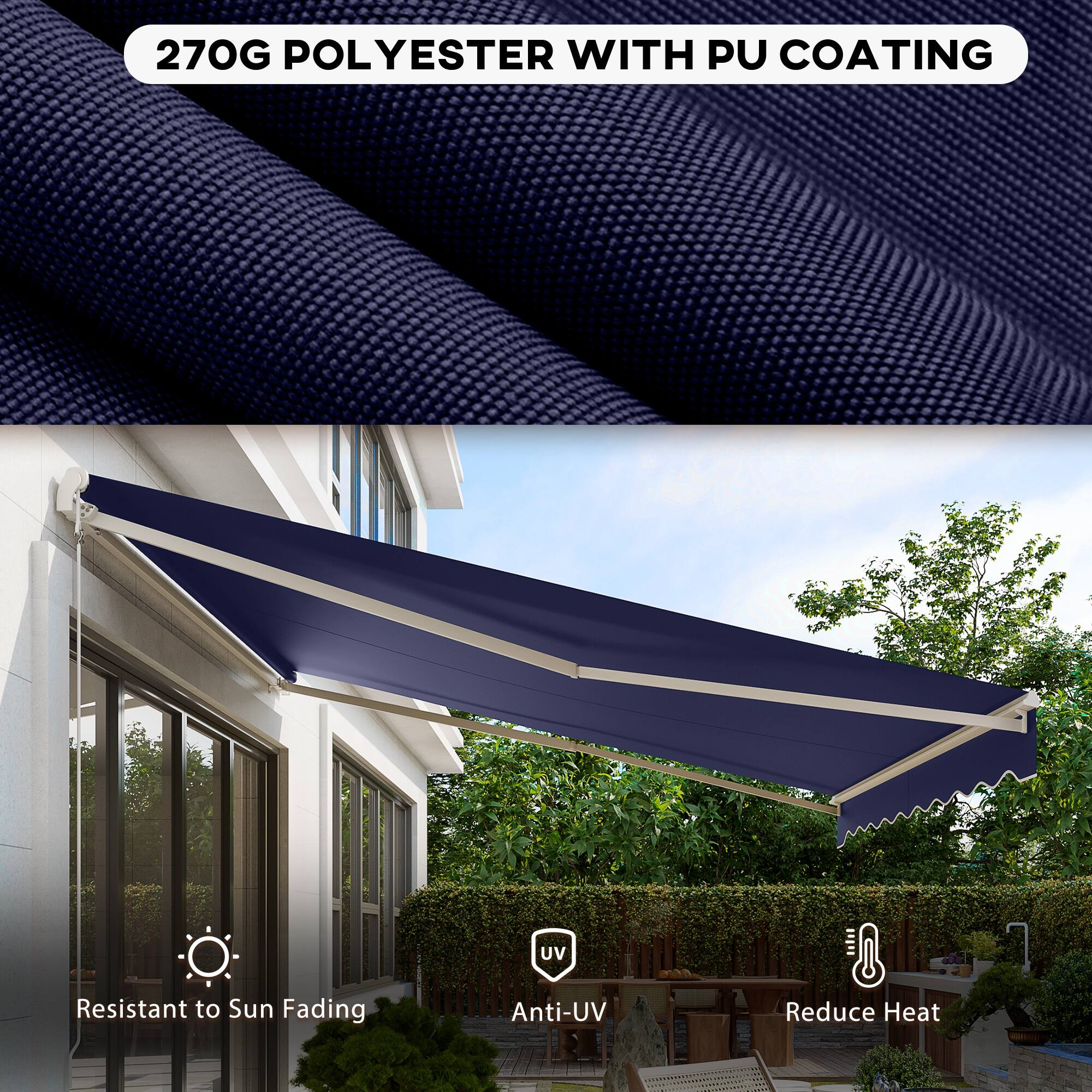 270G POLYESTER WITH PU COATING, Resistant to Sun Fading, Anti-UV, Reduce Heat