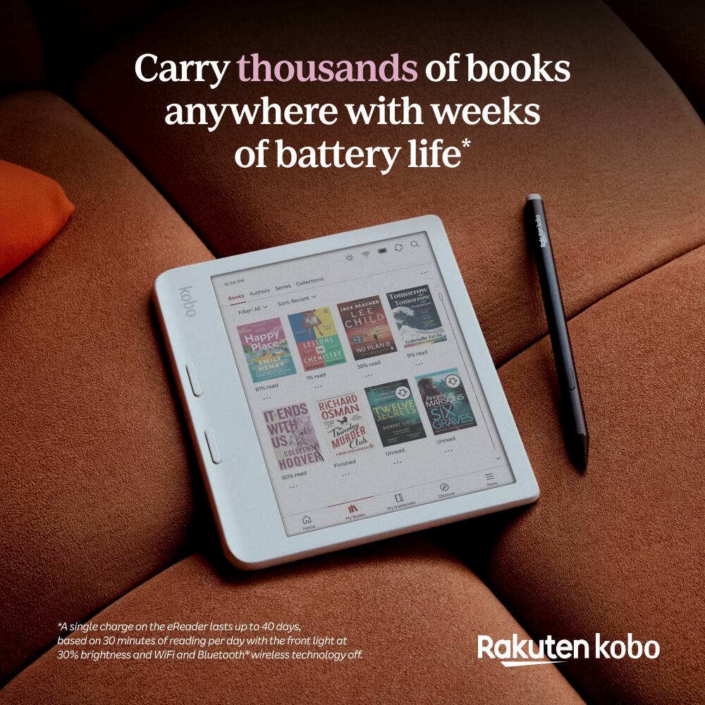 Carry thousands of books anywhere with weeks of battery life*  
kobo 198 - uterns Series  
Ano omorTow SAoks -SnE Tnotinc FOW - SAre REASMER saar Al - IALE LEE L CHILD  
Happy LESSONS bdia Place NO PLANB rEAd CHEMISTRY - EMILY 3% Tad HENEY - TE ran an had Arcula MARSON ENDS RiCHARD TWELVE IT OSMAN SECRETS SIX GRAVES  
SOITA WITH Tranday US MURDER Clab 4 unreadc COLEETSN Unreadl HOOVER Firsshed n i - MACar  
*A single charge on the eReader lasts up to 40 days, based on 30 minutes of reading per day with the front light at 30% brightness and WiFi and Bluetooth wireless technology off.  
Rakuten kobo