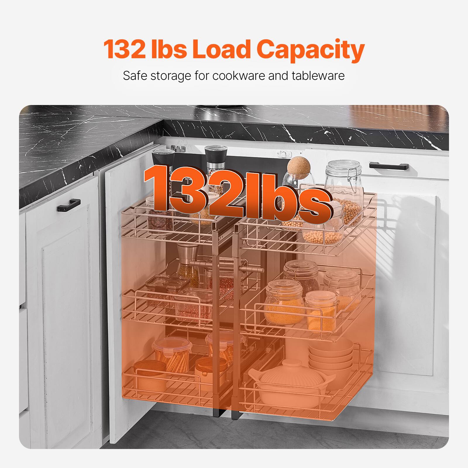 132 lbs Load Capacity  
Safe storage for cookware and tableware